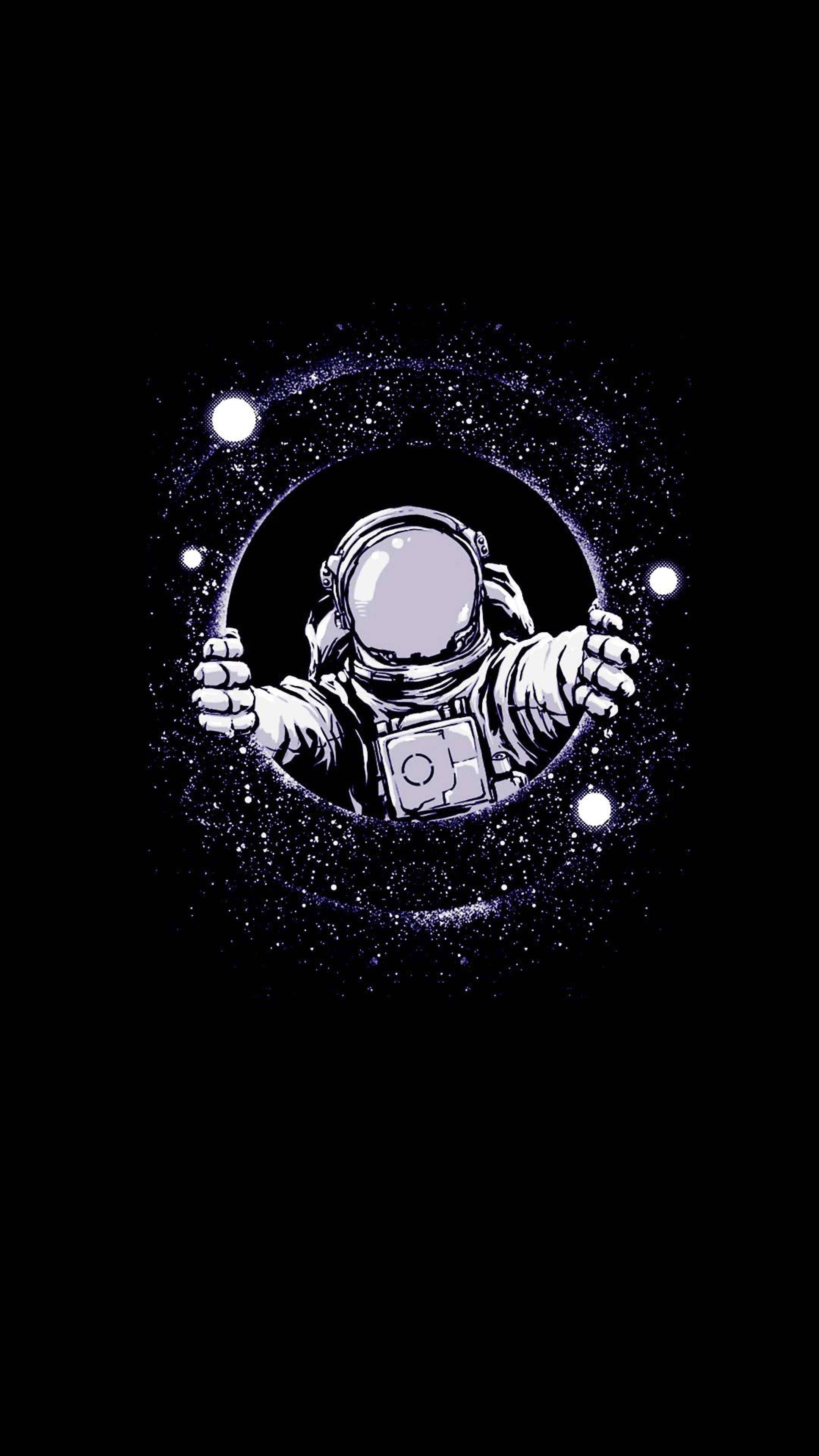 astronaut aesthetic 桌布 壁紙 — 一名穿著白色太空衣的太空人抓住一個被星星和發光球體包圍的宇宙傳送門的邊緣，背景是黑色虛空。