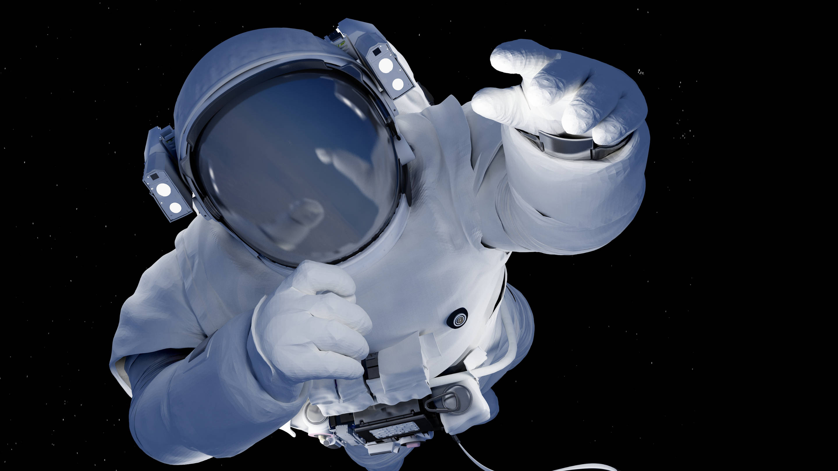 太空人 桌布 壁紙 — 一名穿著白色太空衣的太空人漂浮在佈滿星星的黑色虛空中，一隻手伸向觀眾。