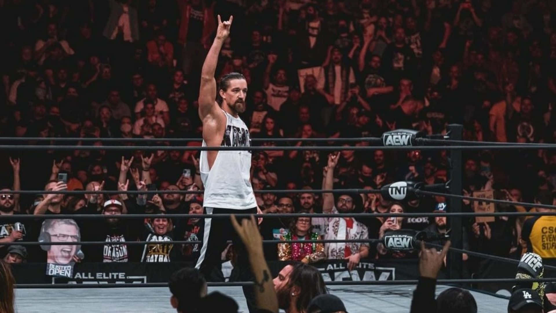 Aew 桌布 壁紙 — 一名穿著白色背心的摔角手在摔角場內高舉勝利的手，周圍是歡呼的粉絲。