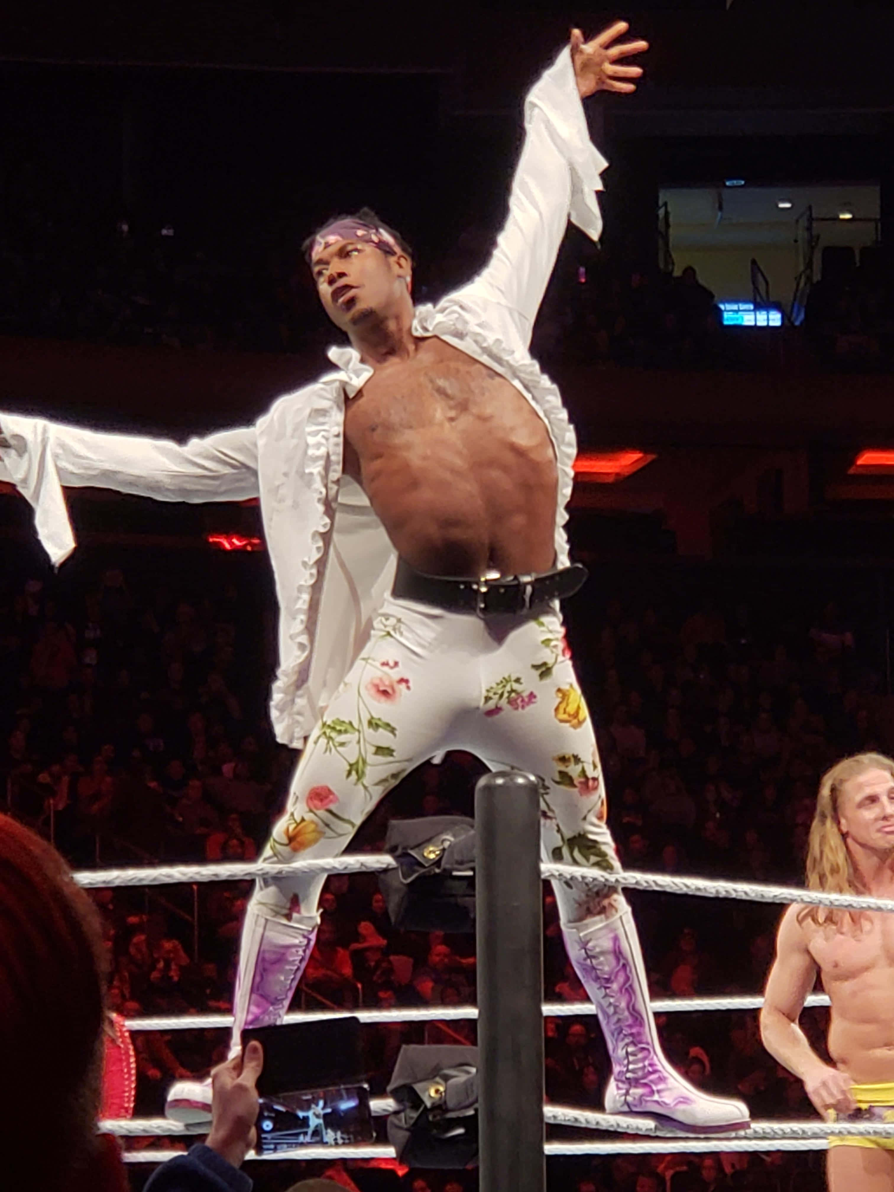 WWE 桌布 壁紙 — 一名穿著白色花卉服裝的摔角手在競技場燈光下，高舉雙臂，勝利地站在摔角擂台角柱上。