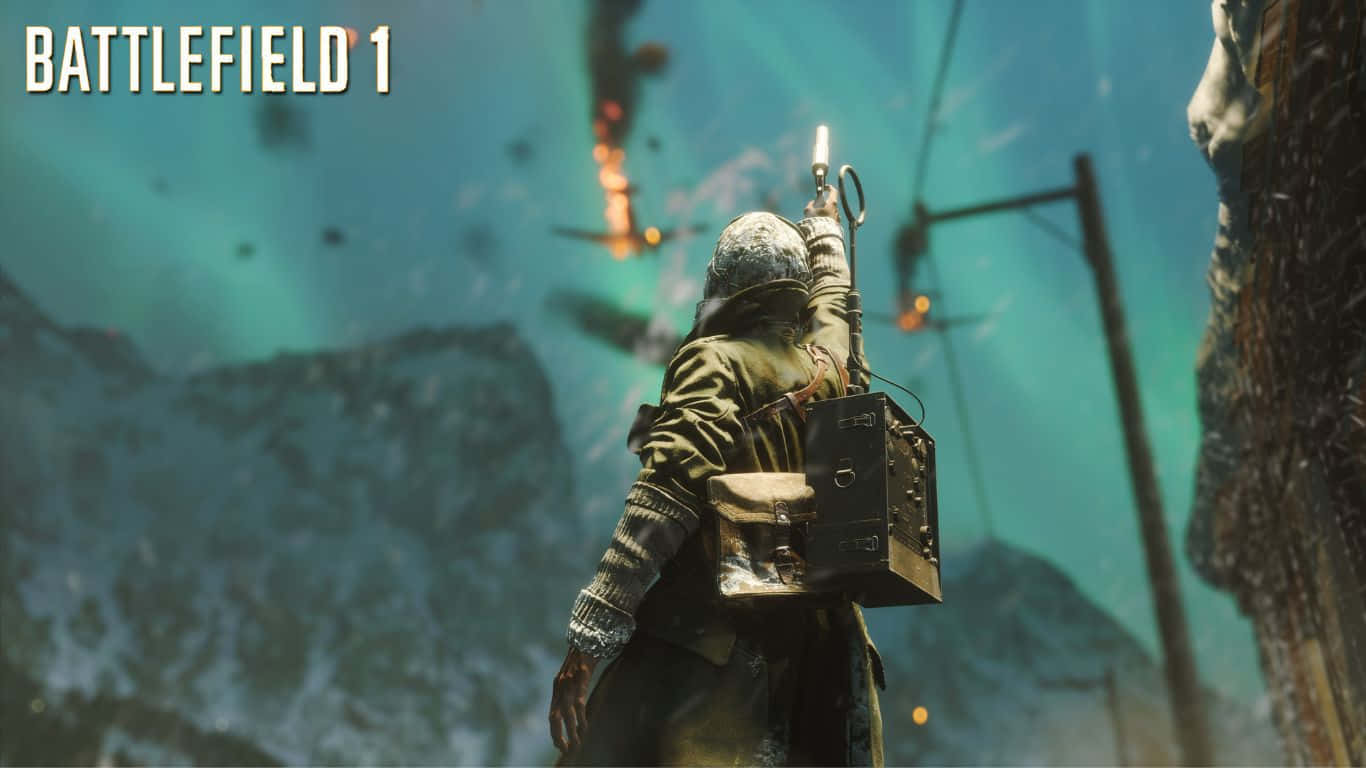 1366x768 Battlefield 1 桌布 壁紙 — 一名穿著第一次世界大戰裝備的士兵，手持信號槍，背景是燃燒的飛機和雪山。