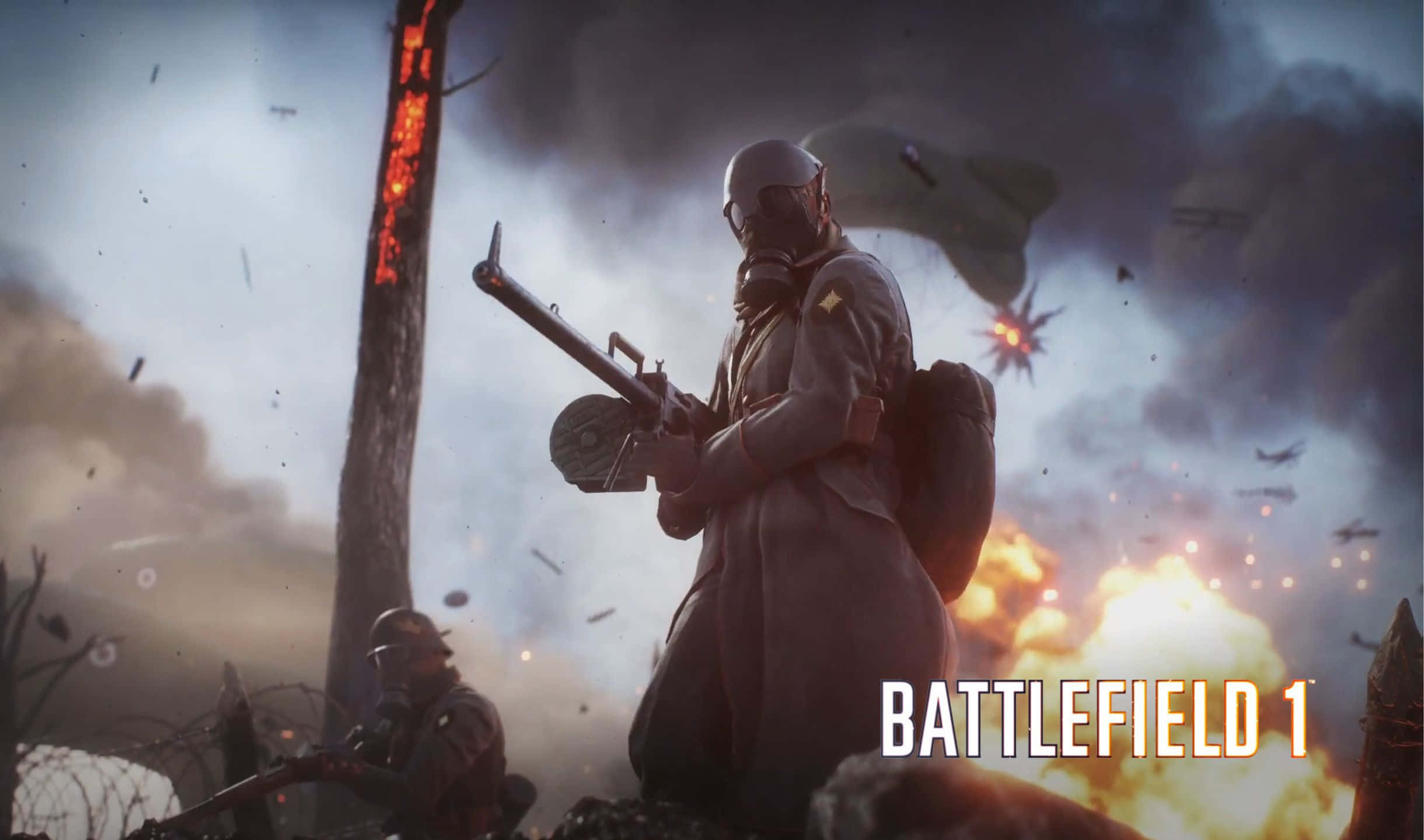 2440x1440 Battlefield 1 桌布 壁紙 — 一名穿著第一次世界大戰裝備的士兵在爆炸和煙霧中跪下，飛機在戰場場景上空飛過。