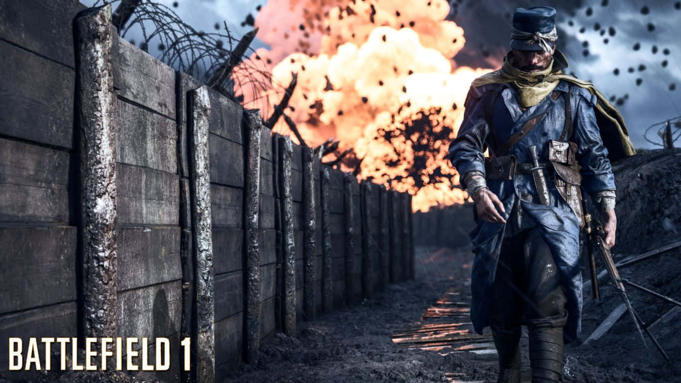 1366x768 Battlefield 1 桌布 壁紙 — 一名穿著第一次世界大戰軍服的士兵在戰壕中行走，身後在暴風雨的天空下發生爆炸。