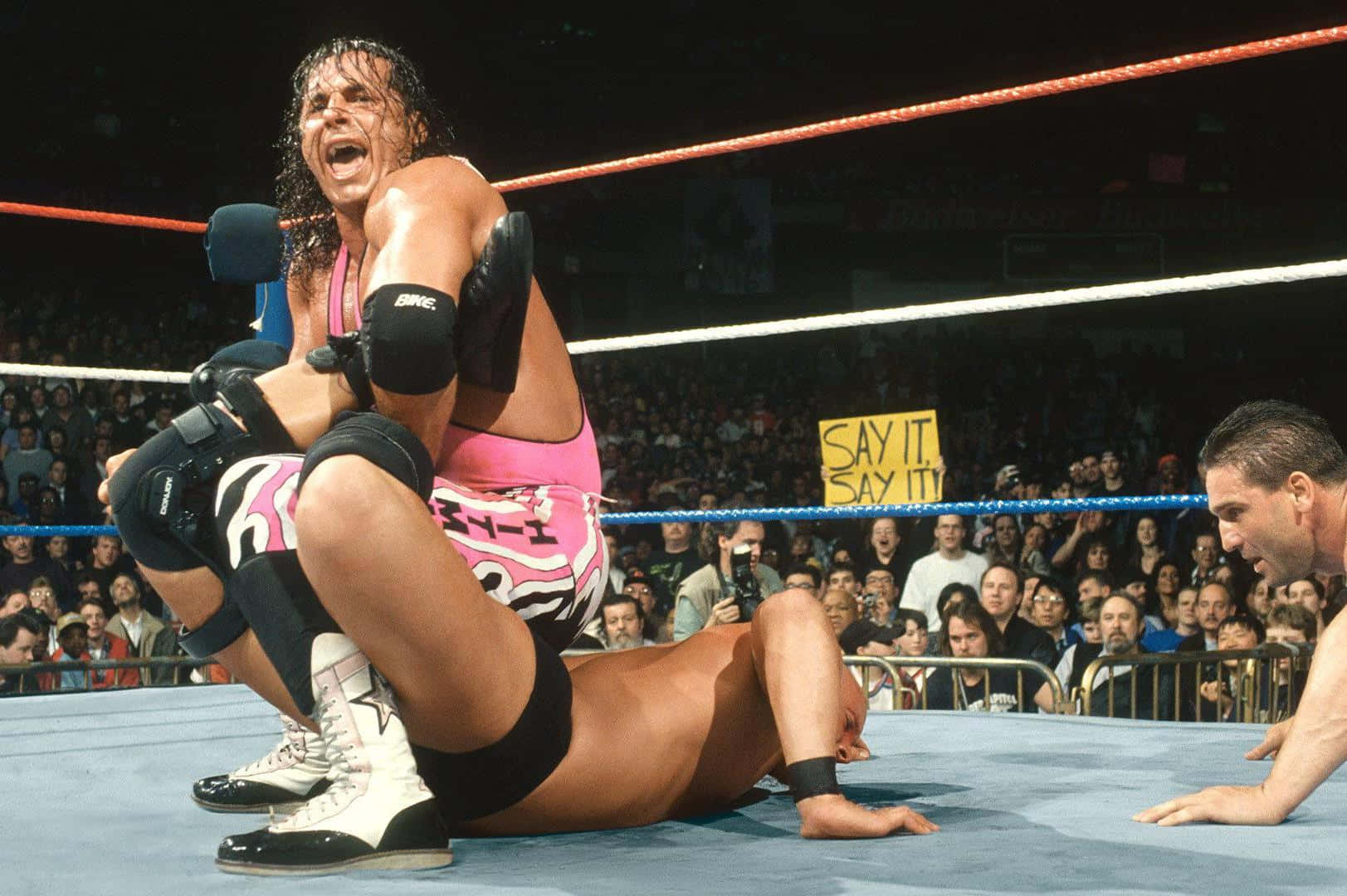 WWE 桌布 壁紙 — 一名穿著粉紅色短褲的摔角手在明亮的場館燈光下，痛苦地尖叫著將對手壓在藍色摔角墊上。