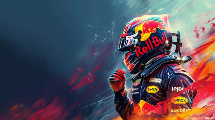 穿著紅牛裝備的F1車手在熾熱背景下慶祝勝利。 — 紅牛F1 壁紙