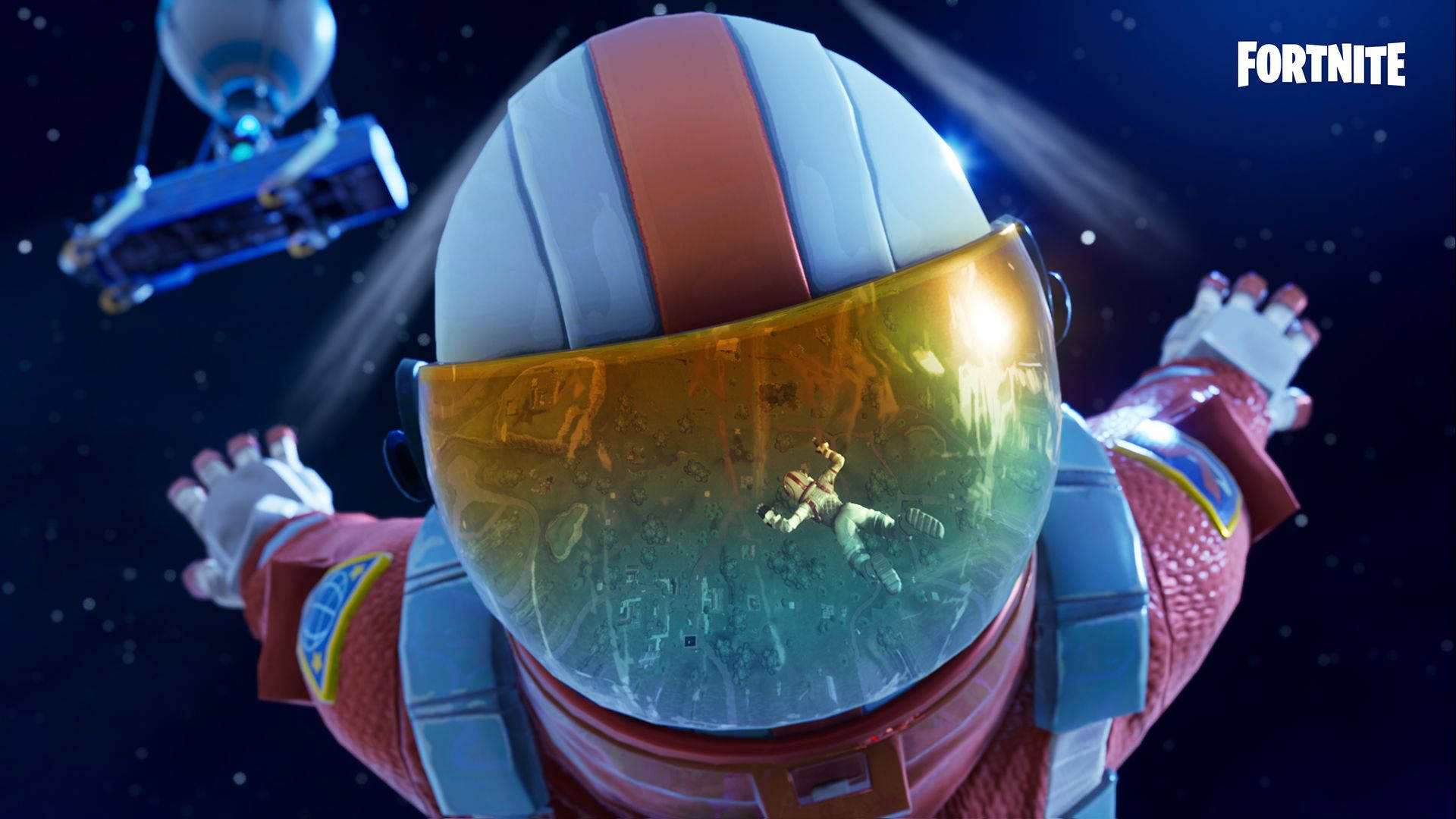 Fortnite 縮圖 桌布 壁紙 — 一名穿著紅白太空衣的Fortnite太空人在星空背景下張開雙臂漂浮在太空中。