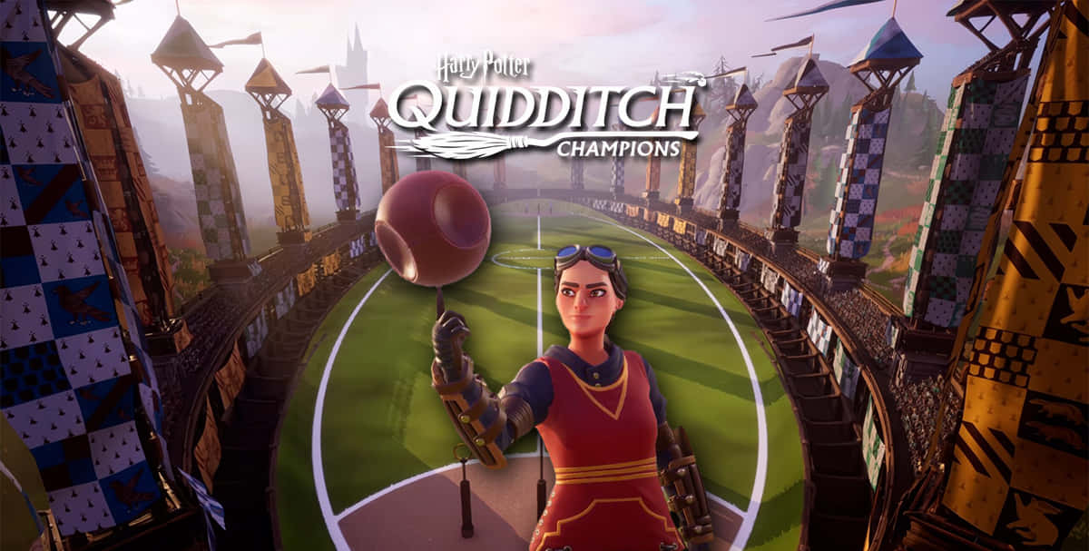 The Hogwarts Quidditch Pitch 桌布 壁紙 — 一名穿著紅色制服的魁地奇球員在充滿活力的綠色球場上拿著一個搏格，周圍是格子旗幟和高聳的球門柱。