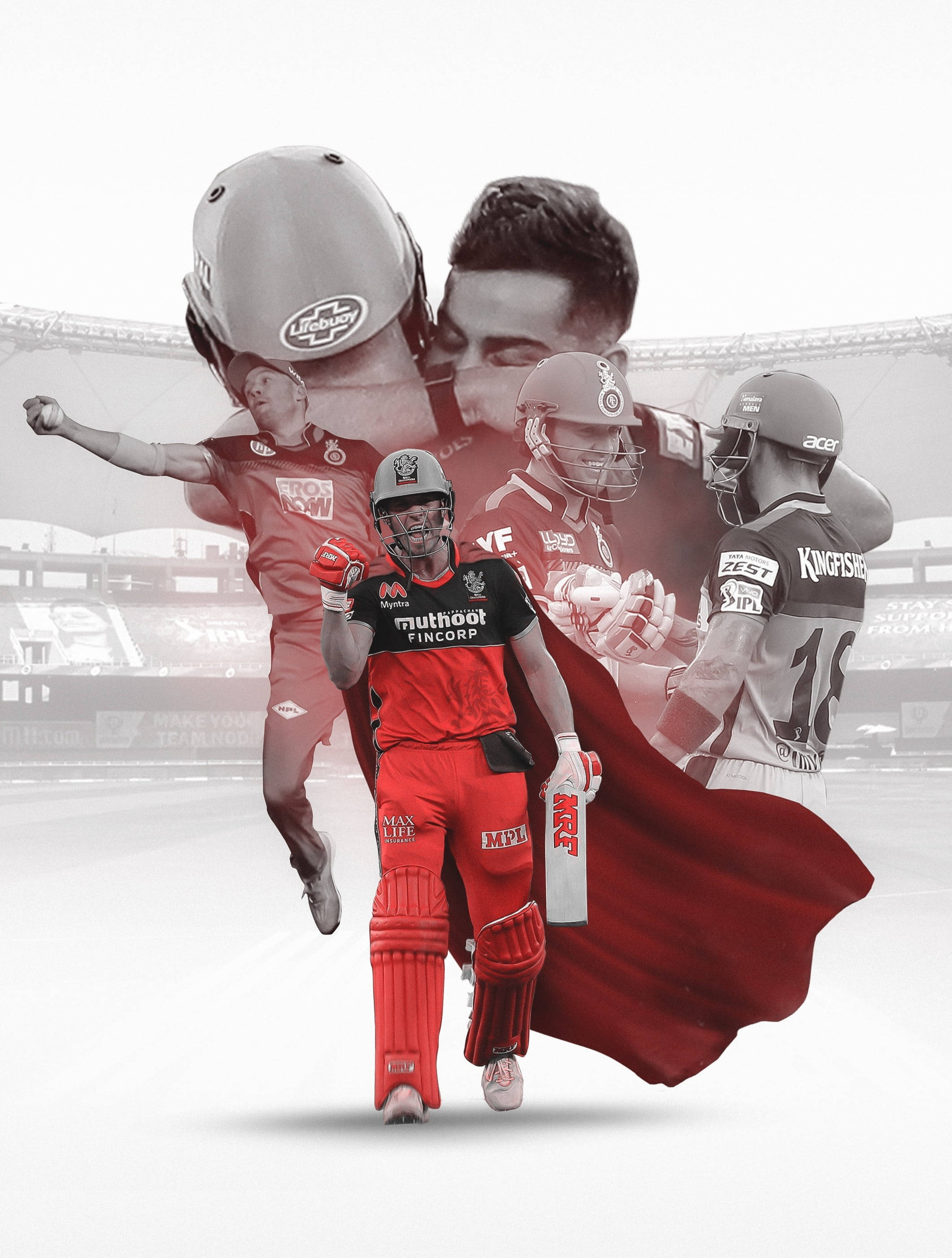 royal challengers bangalore 桌布 壁紙 — 一名穿著紅色裝備的板球運動員手持球棒和飄逸斗篷向前邁進，在球場拼貼畫中被隊友包圍。