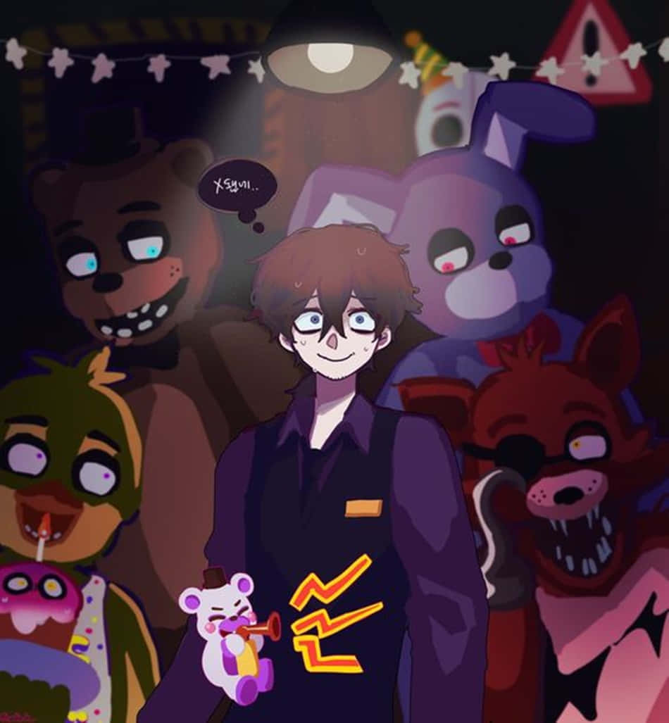 William Afton 桌布 壁紙 — 一名穿著紫色制服的年輕男子微笑著抱著一隻玩具熊，而威脅性的電子動畫角色在他身後昏暗的房間裡若隱若現。