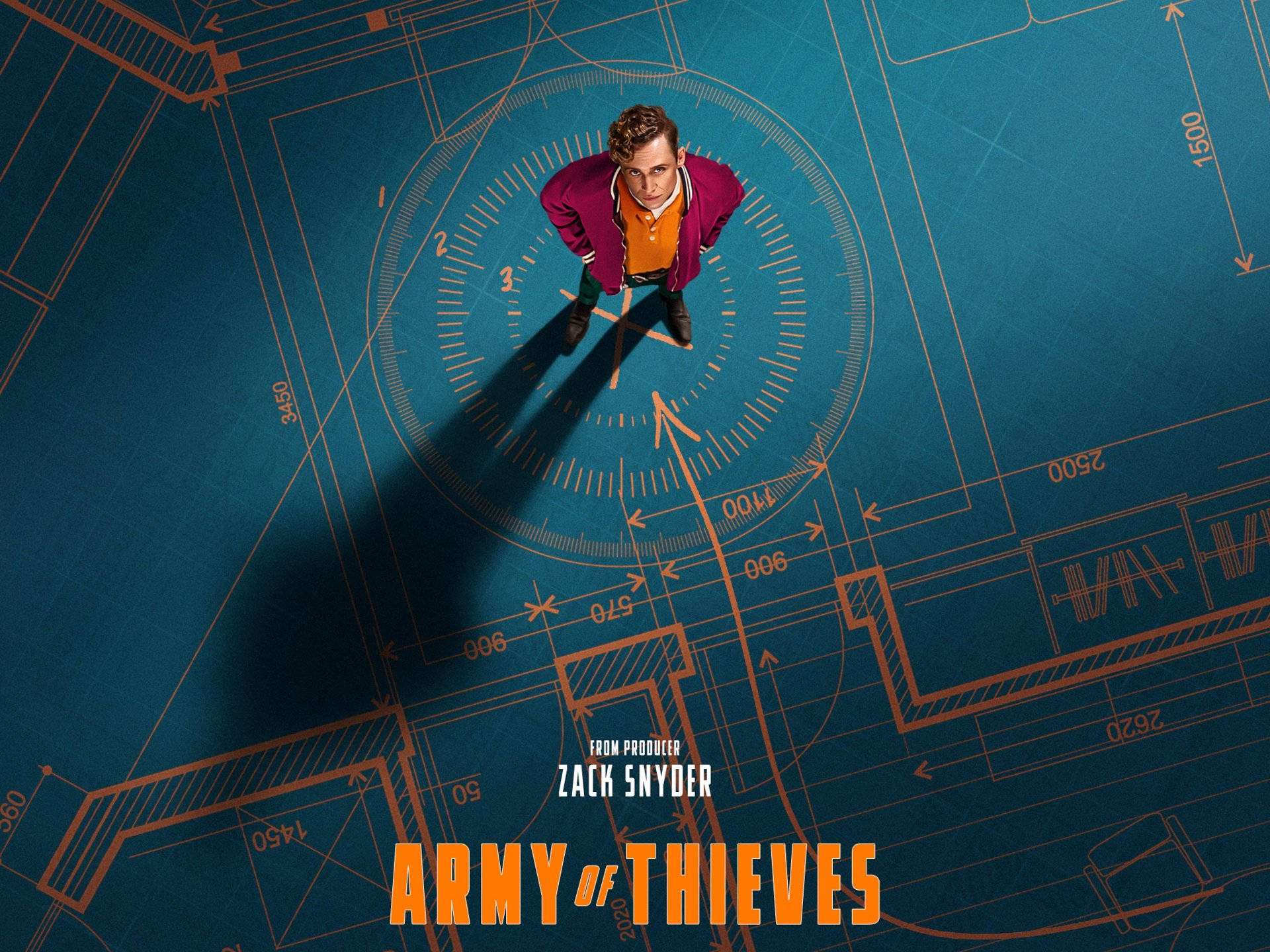 Army Of Thieves 桌布 壁紙 — 一名穿著紫色外套的男子站在藍色建築藍圖中央，圖上有橙色線條和尺寸標示。