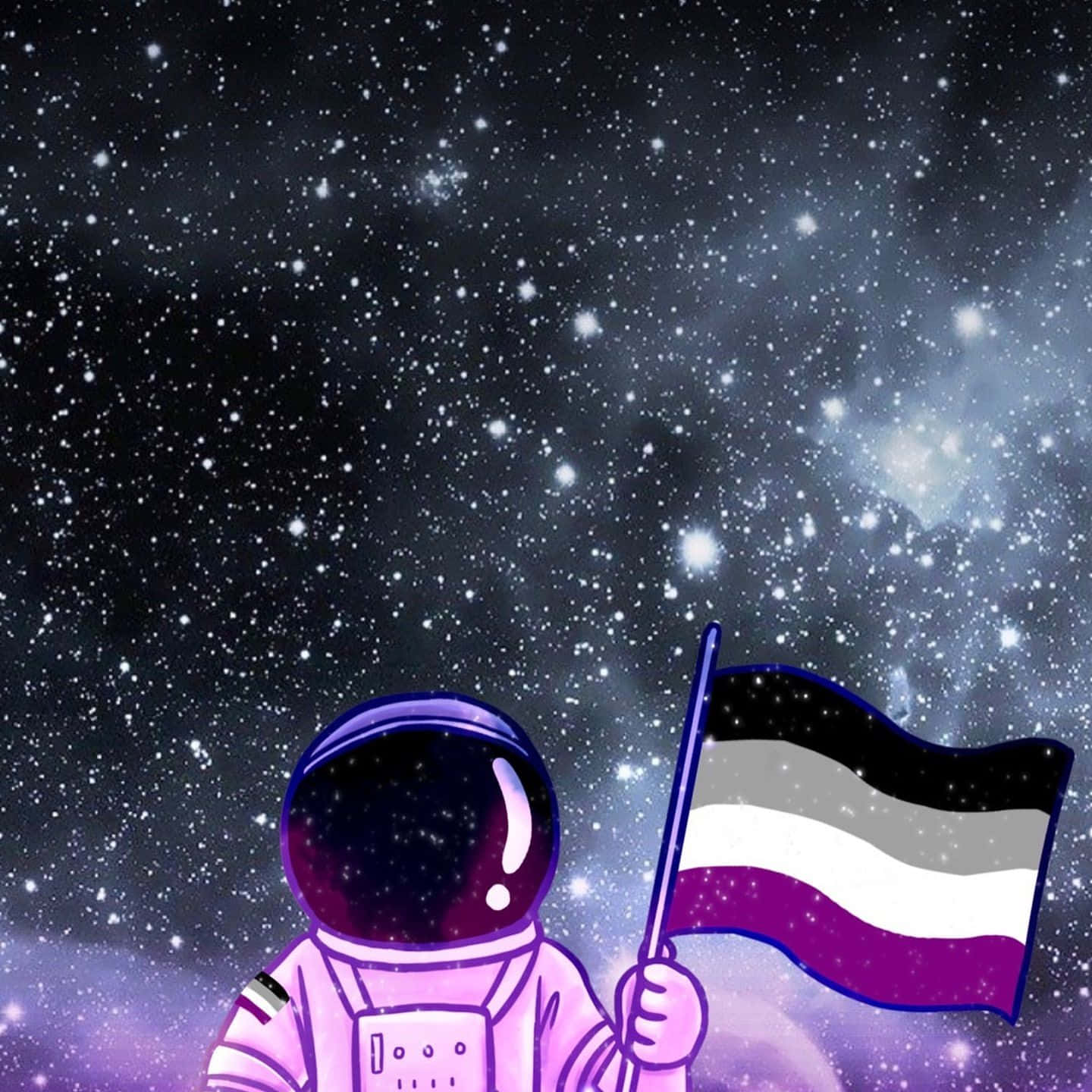 驕傲 桌布 壁紙 — 一名穿著紫色太空衣的太空人站在宇宙景觀中，手持性別酷兒旗幟，背景是繁星點點的星雲天空。