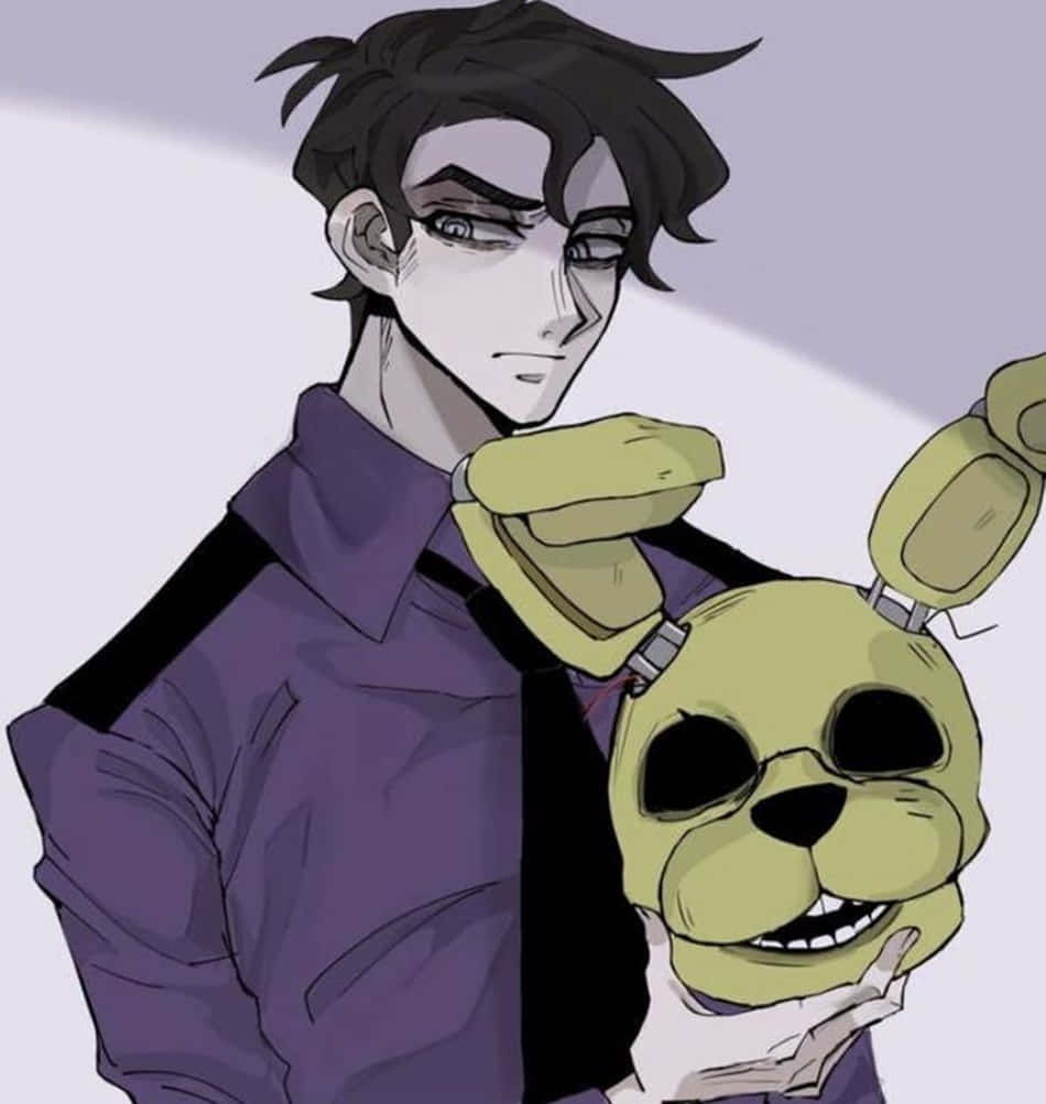five nights at freddy's 桌布 壁紙 — 一名穿著紫色襯衫的年輕男子手持一隻帶有寬大笑容和空洞黑眼睛的威脅性黃色電子動畫兔子。