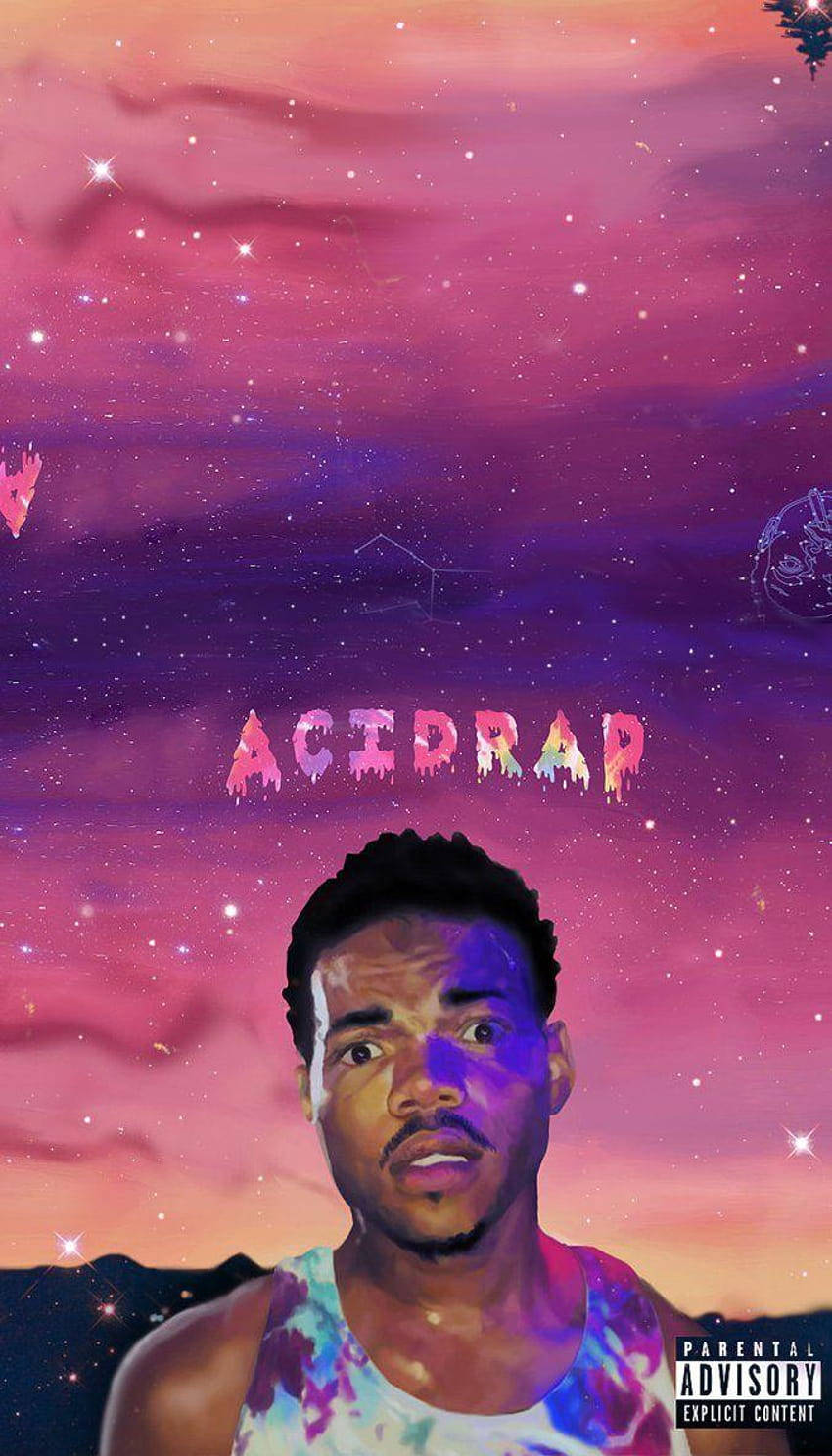 Rap Aesthetic 桌布 壁紙 — 一名穿著紮染襯衫的男子抬頭凝視著充滿活力的宇宙天空，星星和acidrap字樣以霓虹色滴落。