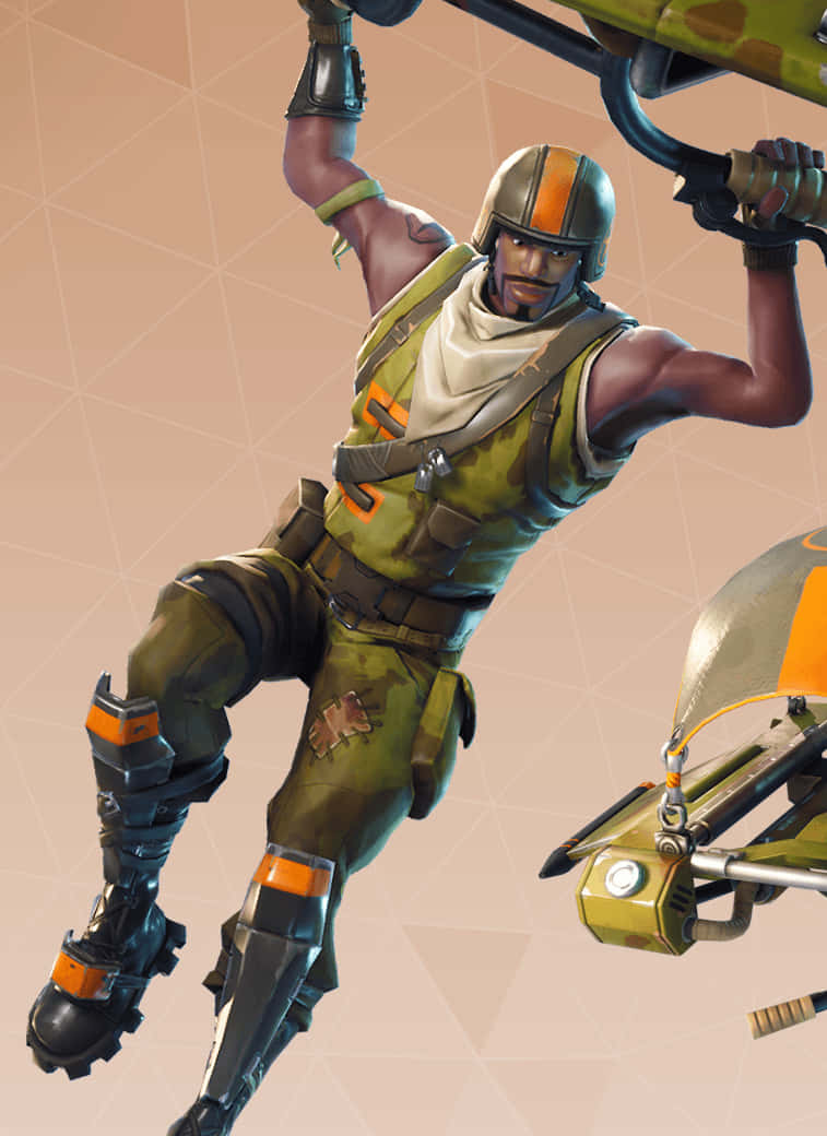 Aerial Assault Trooper 桌布 壁紙 — 一名穿著綠色和橙色裝備的 Fortnite 士兵掛在抓鉤上，背景為幾何米色。