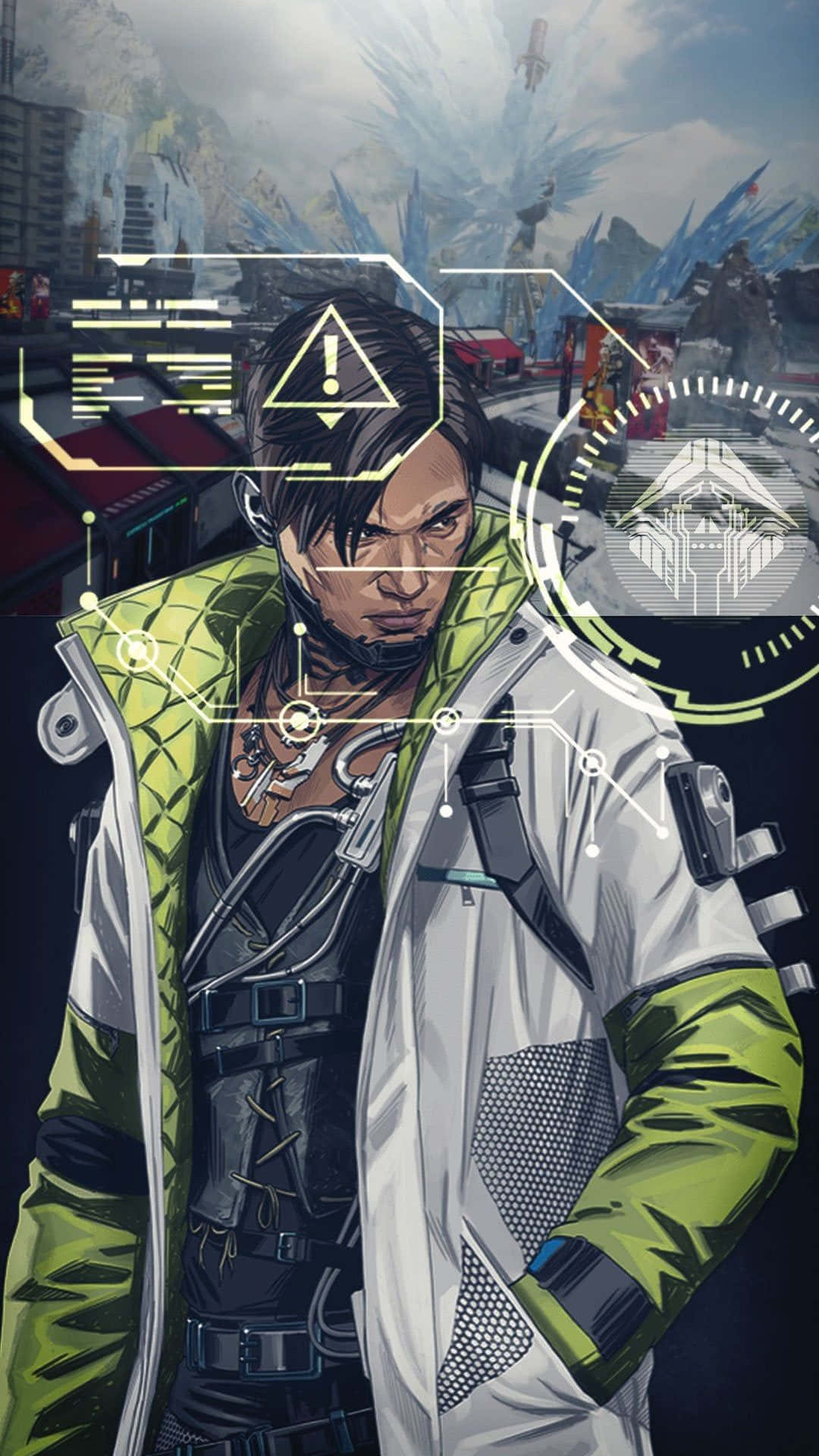 Apex Legends Crypto 桌布 壁紙 — 一名穿著綠色和白色外套的賽博龐克男子站在未來城市中，背景有全息覆蓋層和冰封山頂。