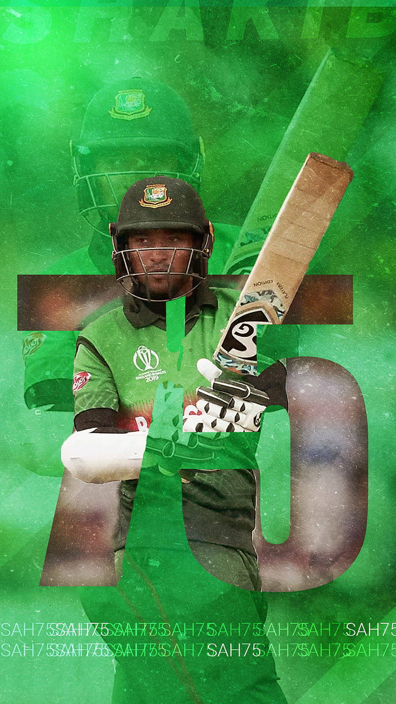 Shakib Al Hasan 桌布 壁紙 — 一名穿著綠色球衣的板球運動員，在充滿活力的綠色紋理背景上，手持球棒，背景帶有層疊的幽靈般重疊效果。