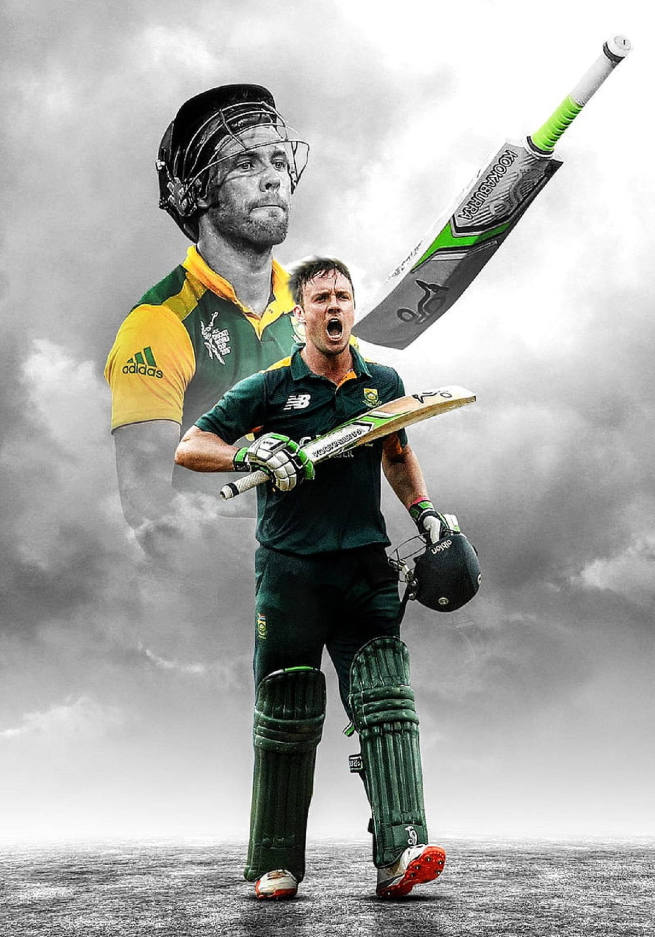 south africa cricket 桌布 壁紙 — 一名穿著綠色裝備的板球運動員手持球棒，發出勝利的咆哮，身後有幽靈般的隊友在暴風雨的天空下若隱若現。