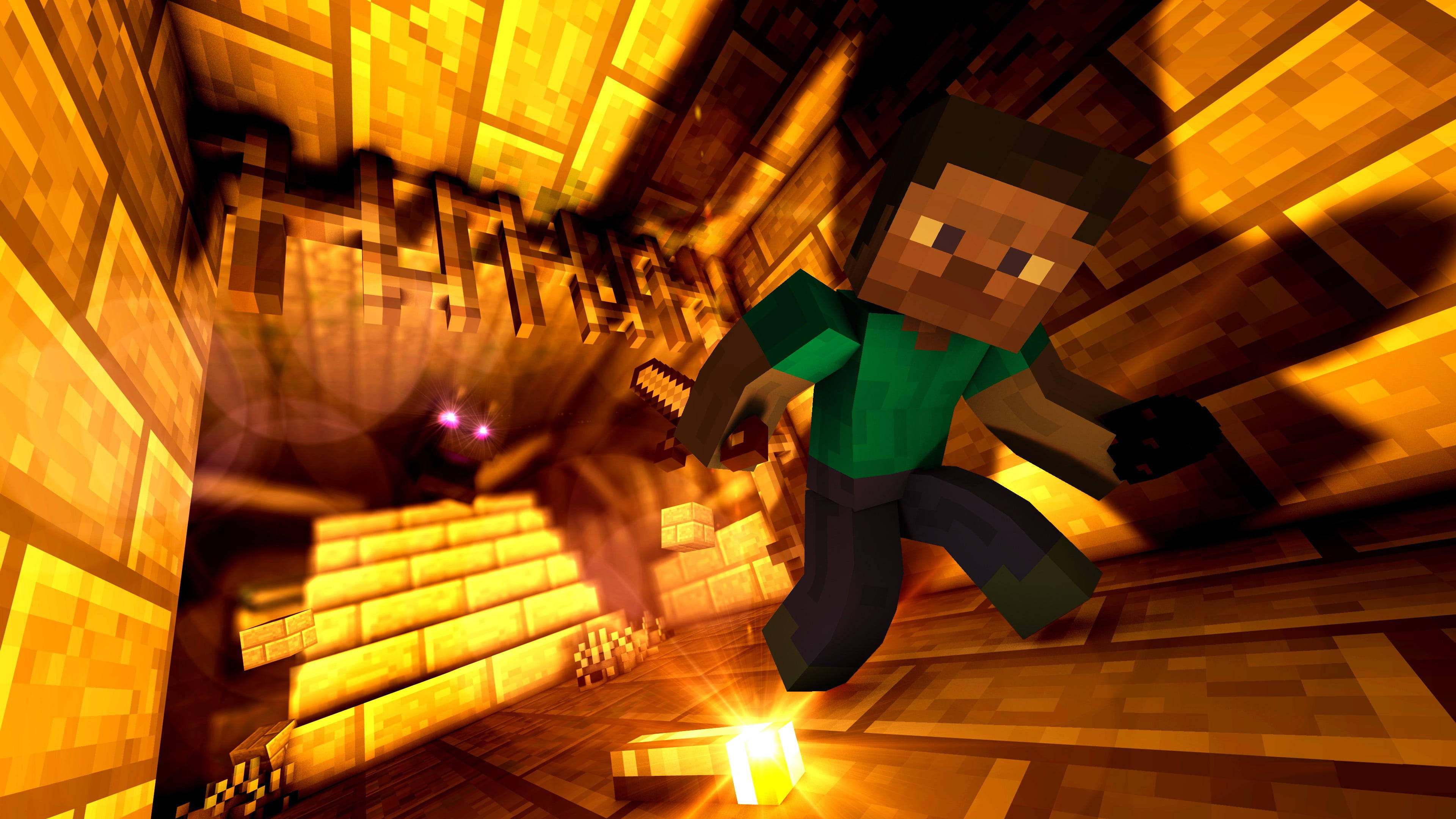 我的世界 史蒂夫 桌布 壁紙 — 一名穿著綠色襯衫的Minecraft玩家跑過金色方塊隧道，而苦力怕在他們身後爆炸。