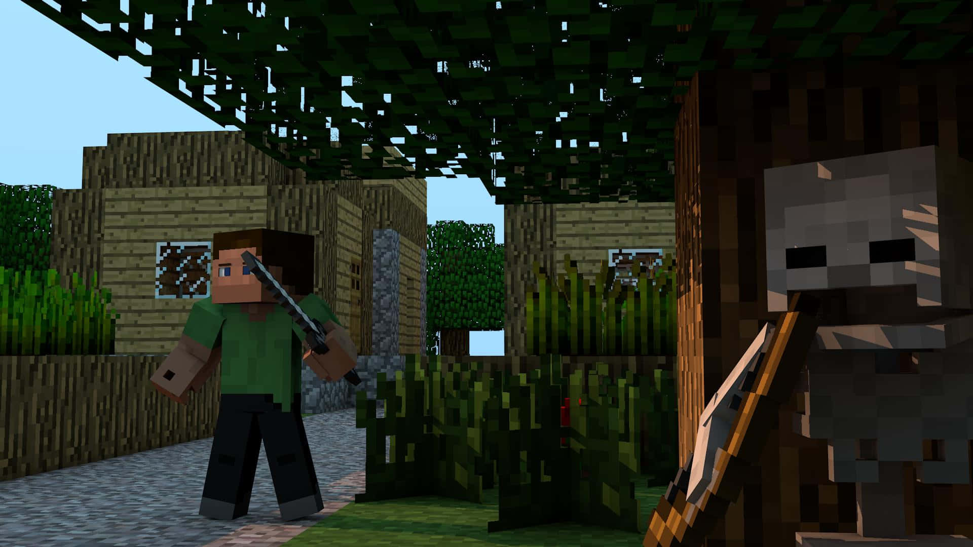 Minecraft Villagers 桌布 壁紙 — 一名穿著綠色襯衫的Minecraft玩家在像素化村莊的樹蔭下持劍面對殭屍。