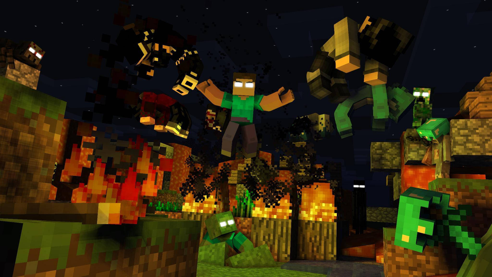 電玩遊戲 桌布 壁紙 — 一名穿著綠色襯衫的Minecraft玩家在星空下，伴隨著火焰方塊，在像素化的殭屍和苦力怕之間跳躍。