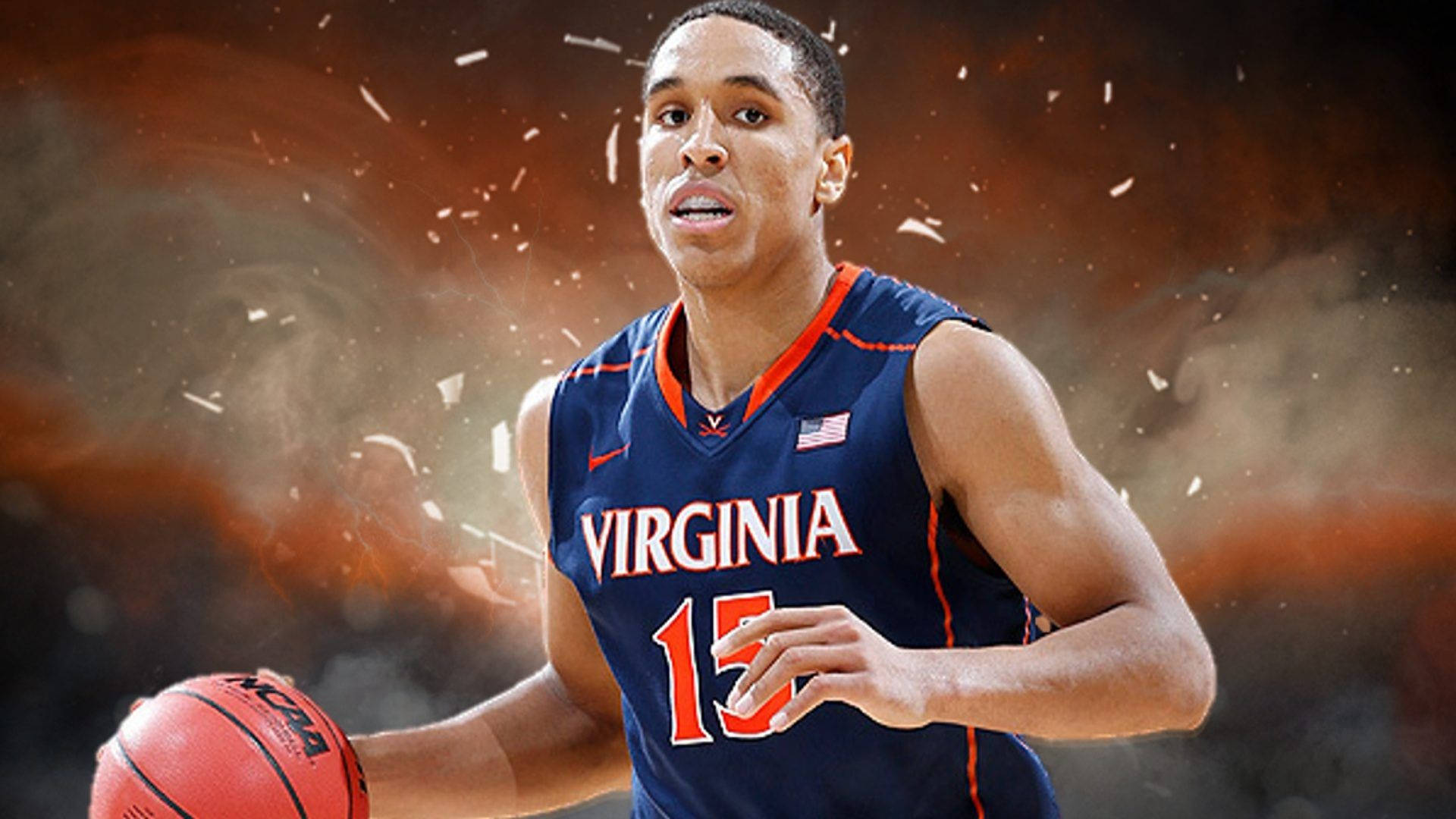 malcolm brogdon 桌布 壁紙 — 一名穿著維吉尼亞球衣的籃球運動員在熾熱爆炸背景下運球。
