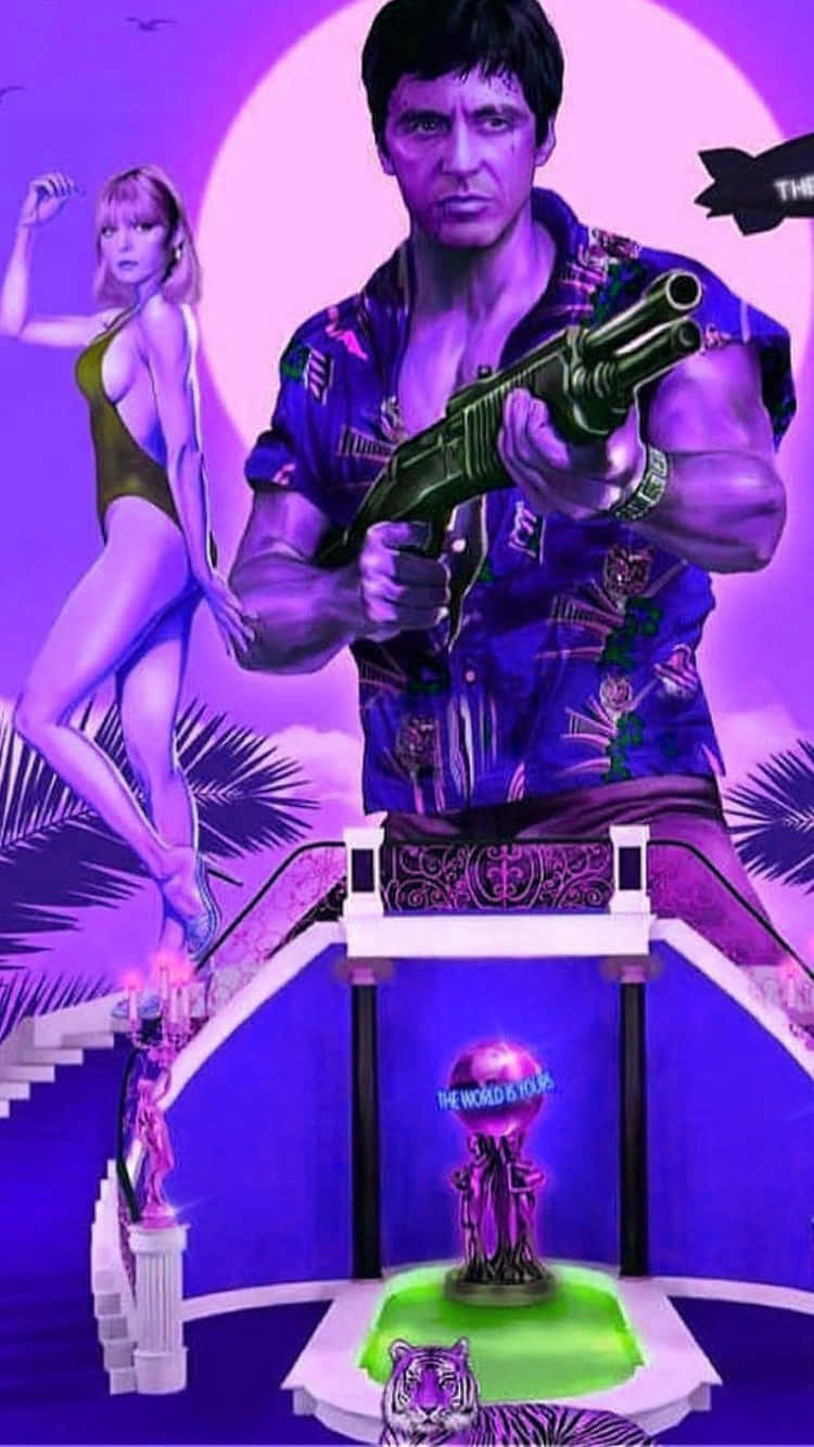 疤面煞星 桌布 壁紙 — 一名穿著花襯衫的男子手持槍支，一名穿著泳裝的女子在他旁邊擺姿勢，背景是紫色月光下的超現實建築。