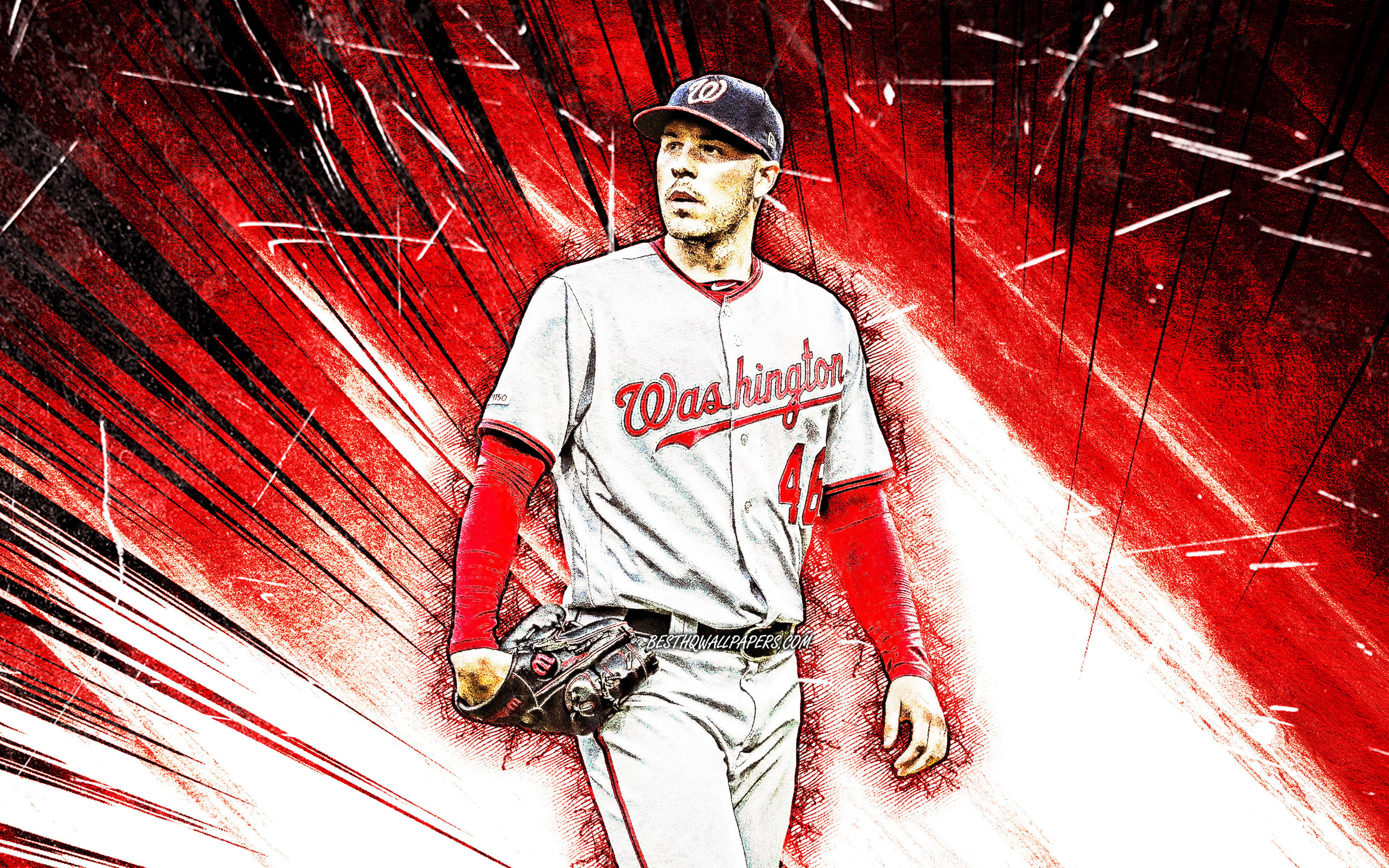 Nationals 桌布 壁紙 — 一名穿著華盛頓隊服的棒球選手站在動態的紅白條紋背景前。