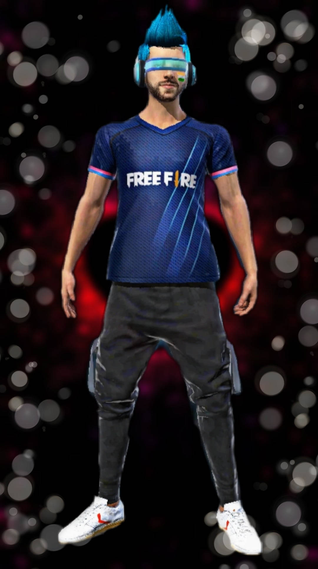 game 桌布 壁紙 — 一名穿著藍色Free Fire球衣和螢光藍色莫西乾頭的遊戲玩家，站在發光的紅色和黑色散景背景前。