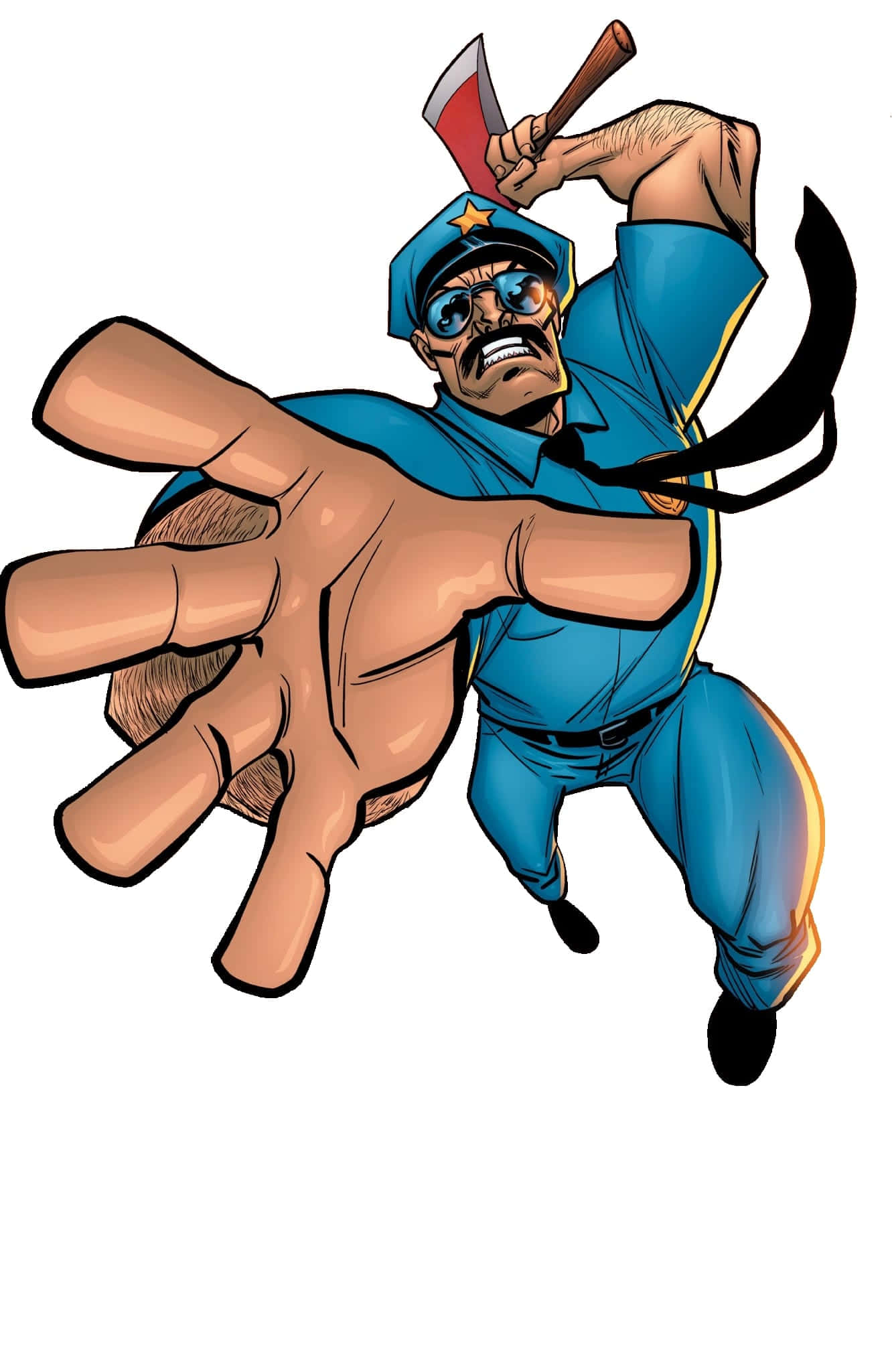 Comics 桌布 壁紙 — 一名穿著藍色制服的卡通警察揮動斧頭，同時一隻巨手從下面抓住他。