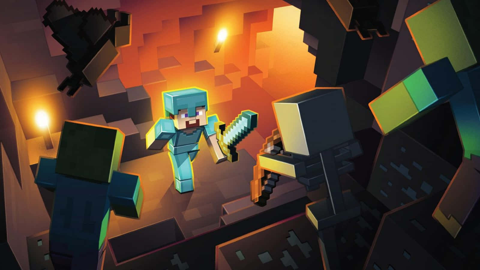 sword 桌布 壁紙 — 一名穿著藍色盔甲的Minecraft玩家在火炬照亮的熾熱地下洞穴中揮劍對抗殭屍。