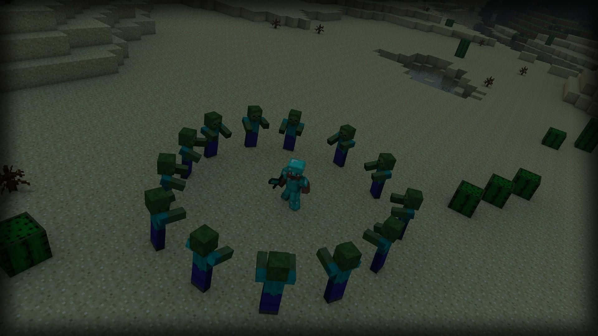 Minecraft Zombie 桌布 壁紙 — 一名穿著藍色盔甲的Minecraft玩家在黃昏時站在沙灘上，被一群殭屍包圍成圓圈。