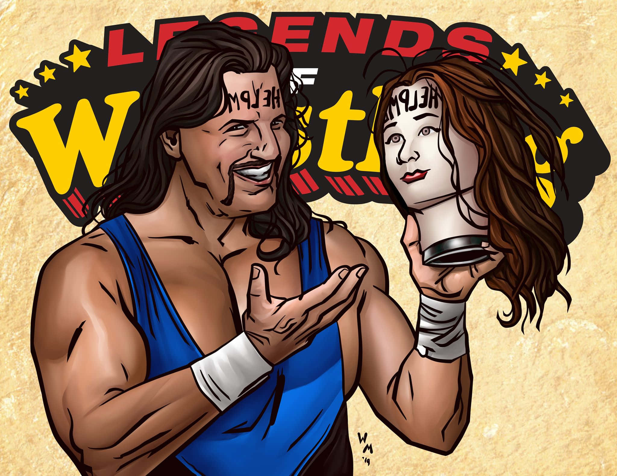 摔角 桌布 壁紙 — 一名穿著藍色背心的摔角選手在'Legends of Wrestling'橫幅下，手持一個額頭寫有'HELP ME'的斷頭。