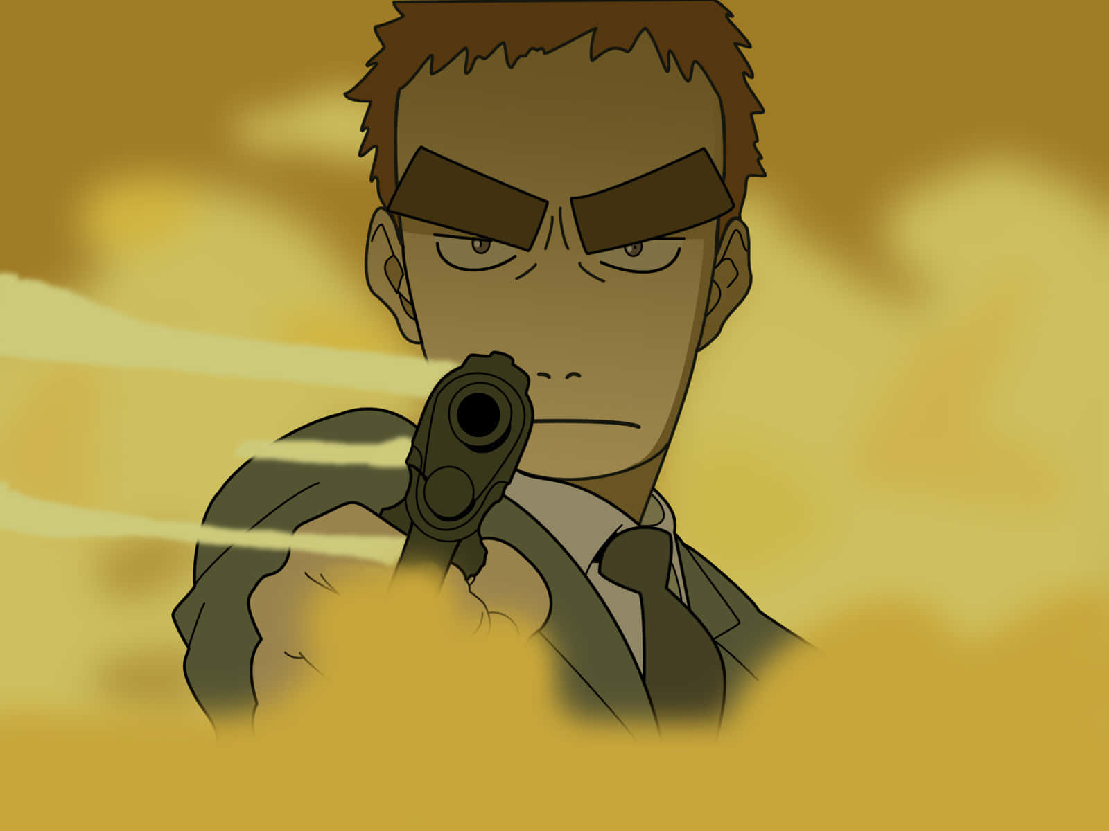Commander Amarao 桌布 壁紙 — 一名穿著西裝的動漫男子，在模糊的金色背景下，用銳利的眼神瞄準一把手槍。