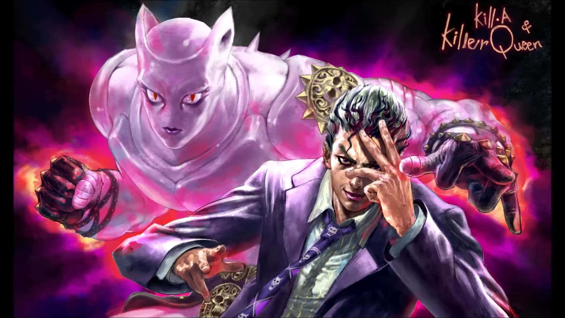 Kosaku Kawajiri 桌布 壁紙 — 一名穿著西裝的男子做出手勢，身後一隻巨大的粉紅色貓狀怪物在熾熱的紫色背景中隱現。