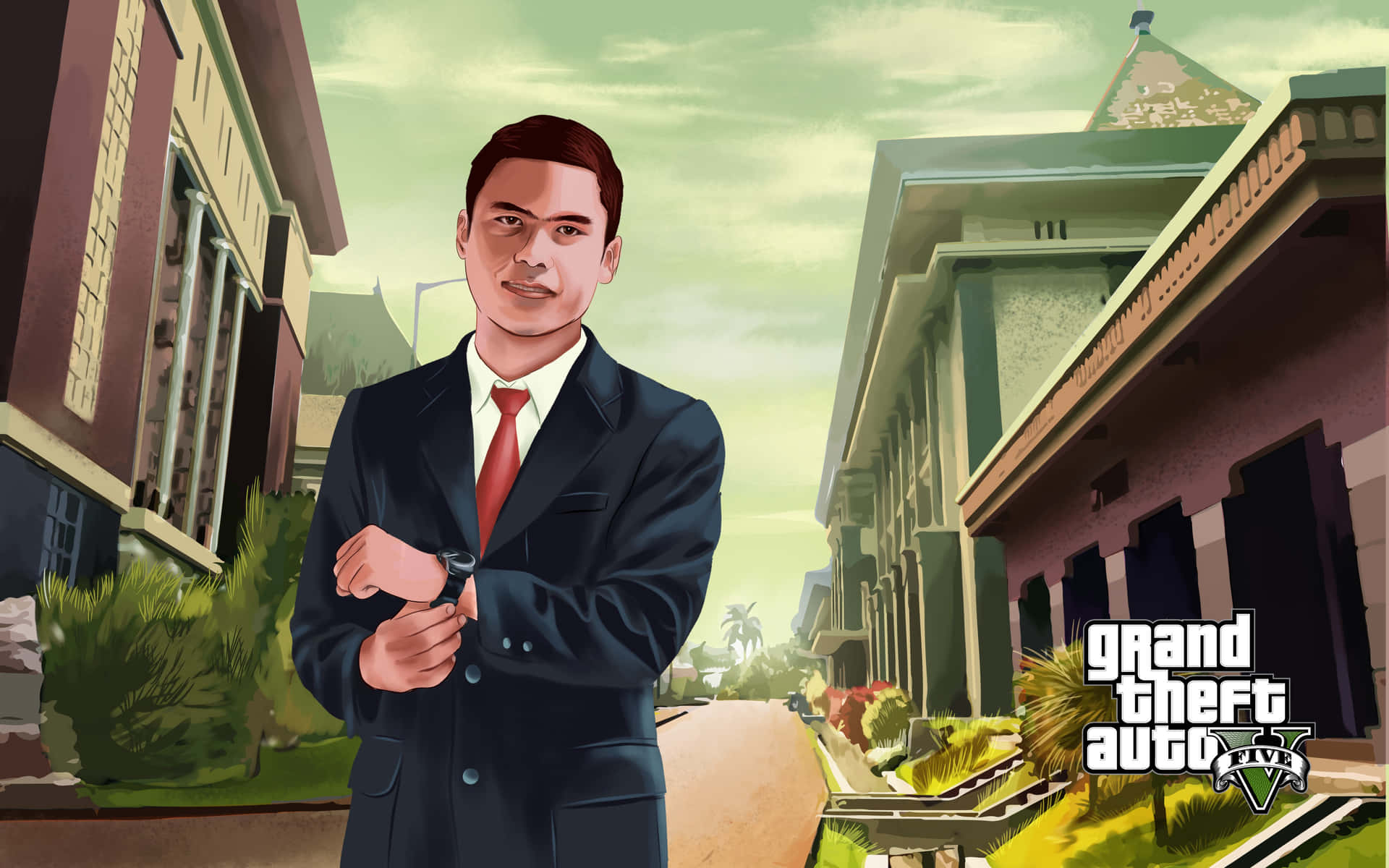 GTA 5 動圖 桌布 壁紙 — 一名穿著西裝的男子在 Grand Theft Auto V 的風格化城市背景下查看手錶。