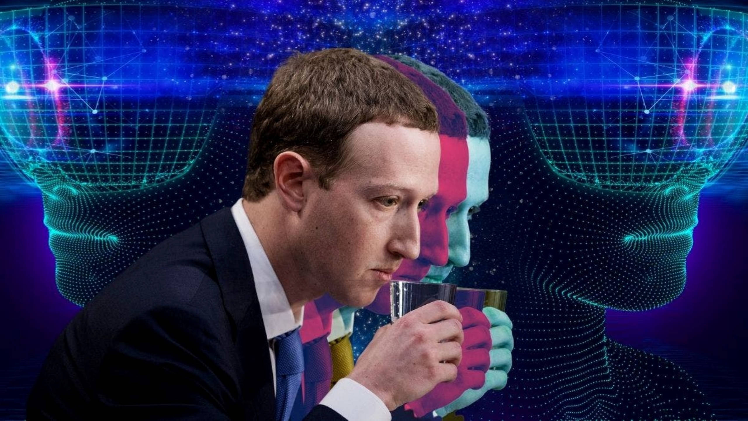 Zuckerberg 桌布 壁紙 — 一名穿著西裝的男子在帶有發光線框頭部的宇宙數位背景前從馬克杯啜飲。