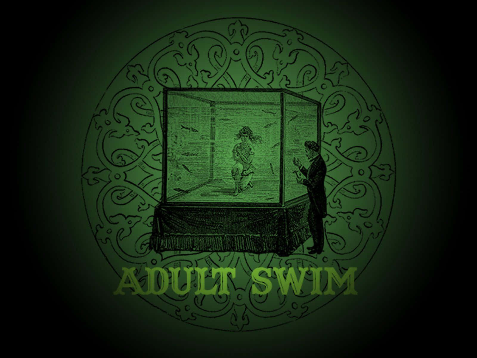 adult swim 桌布 壁紙 — 一名穿著西裝的男子在綠色燈光下觀察玻璃箱內的人物，周圍環繞著華麗的漩渦紋，下方有「ADULT SWIM」字樣。
