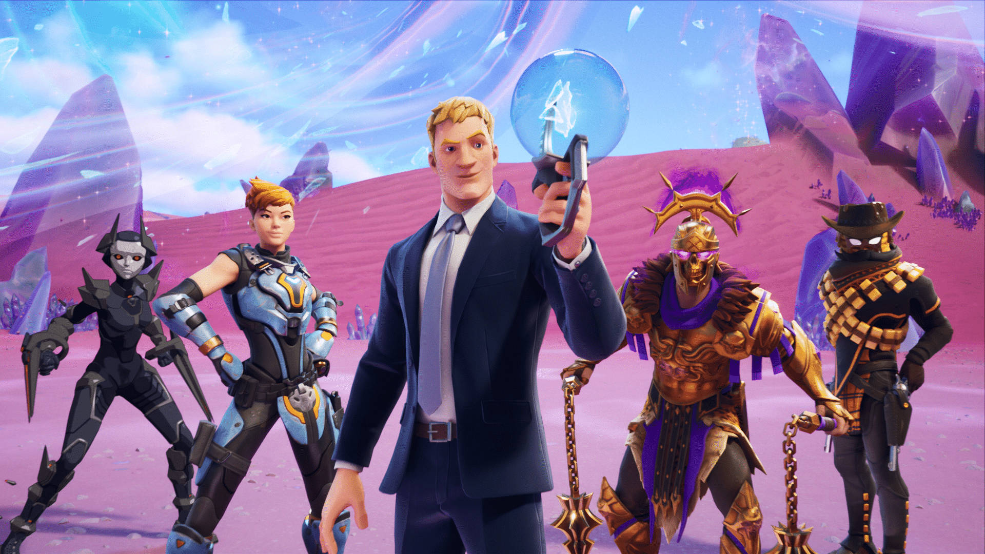Fortnite Chapter 2 Season 6 桌布 壁紙 — 一名穿著西裝的男子手持發光球體，與四個風格化的電子遊戲角色站在超現實的紫色沙漠景觀中。