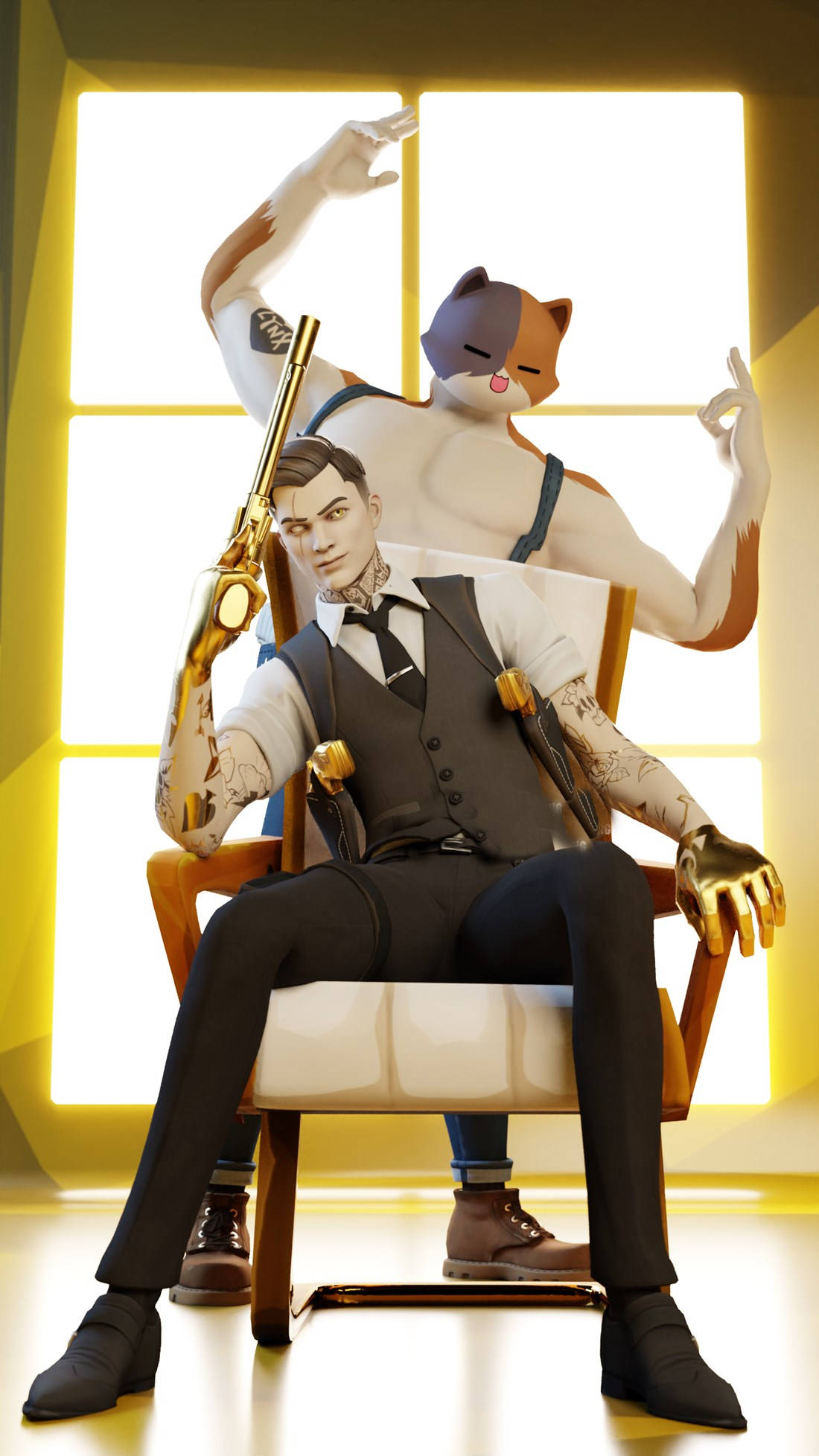 Fortnite Character 桌布 壁紙 — 一名穿著西裝的男子自信地坐在椅子上，手持金色左輪手槍，而一個貓型人形生物站在他身後，房間燈光溫暖。
