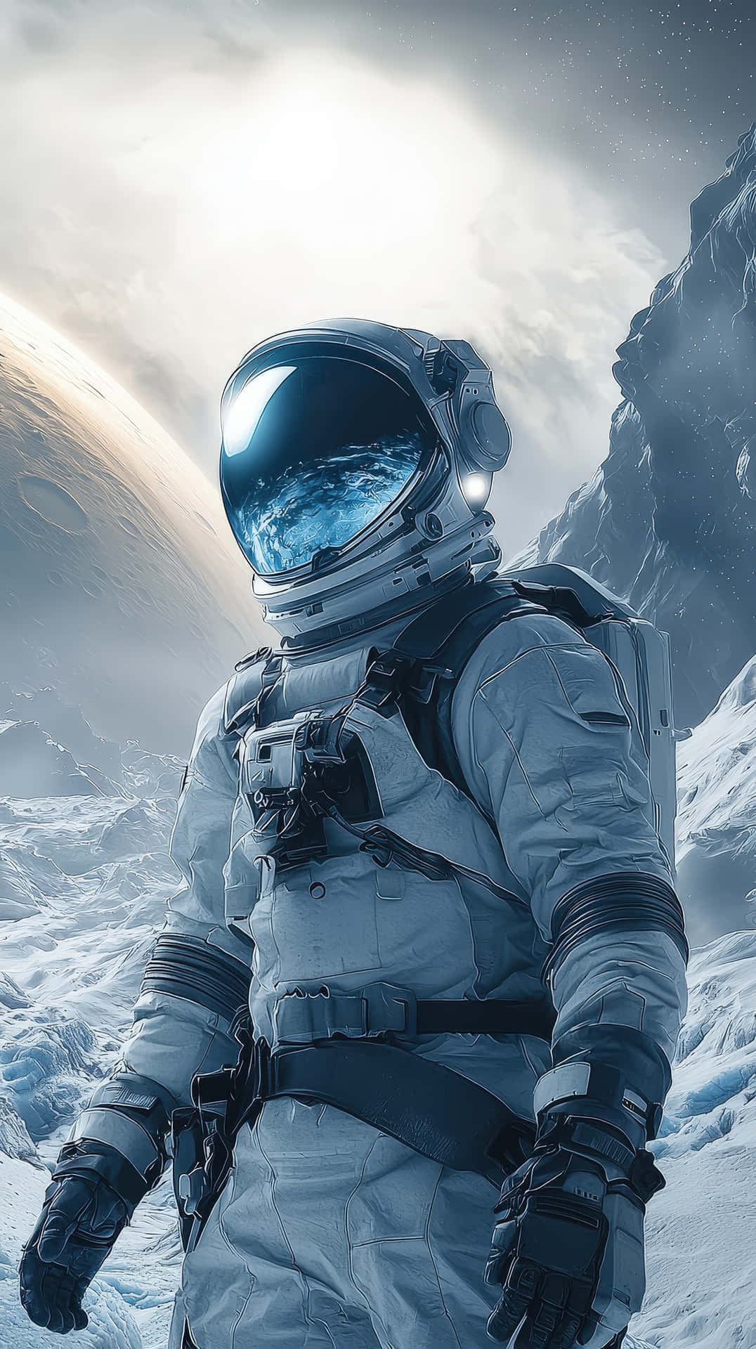 Close up of Lone astronaut exploring an icy alien world 壁紙 — 一名穿著詳細太空衣的太空人站在一個積雪的外星行星上，背景是一個巨大的行星和星空。