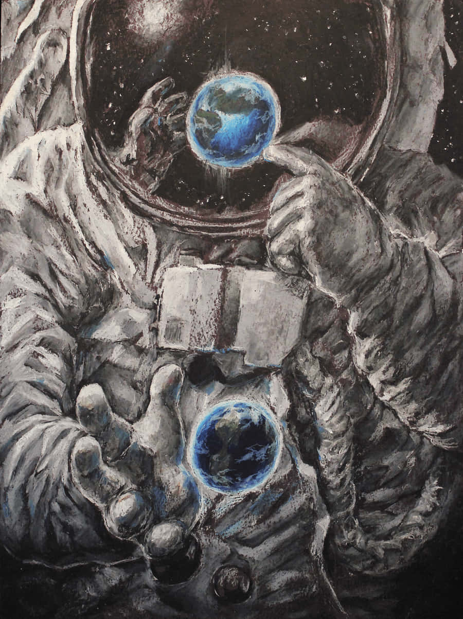太空人 桌布 壁紙 — 一名穿著質感太空衣的太空人，在星光宇宙背景下手持兩個發光的藍色地球。
