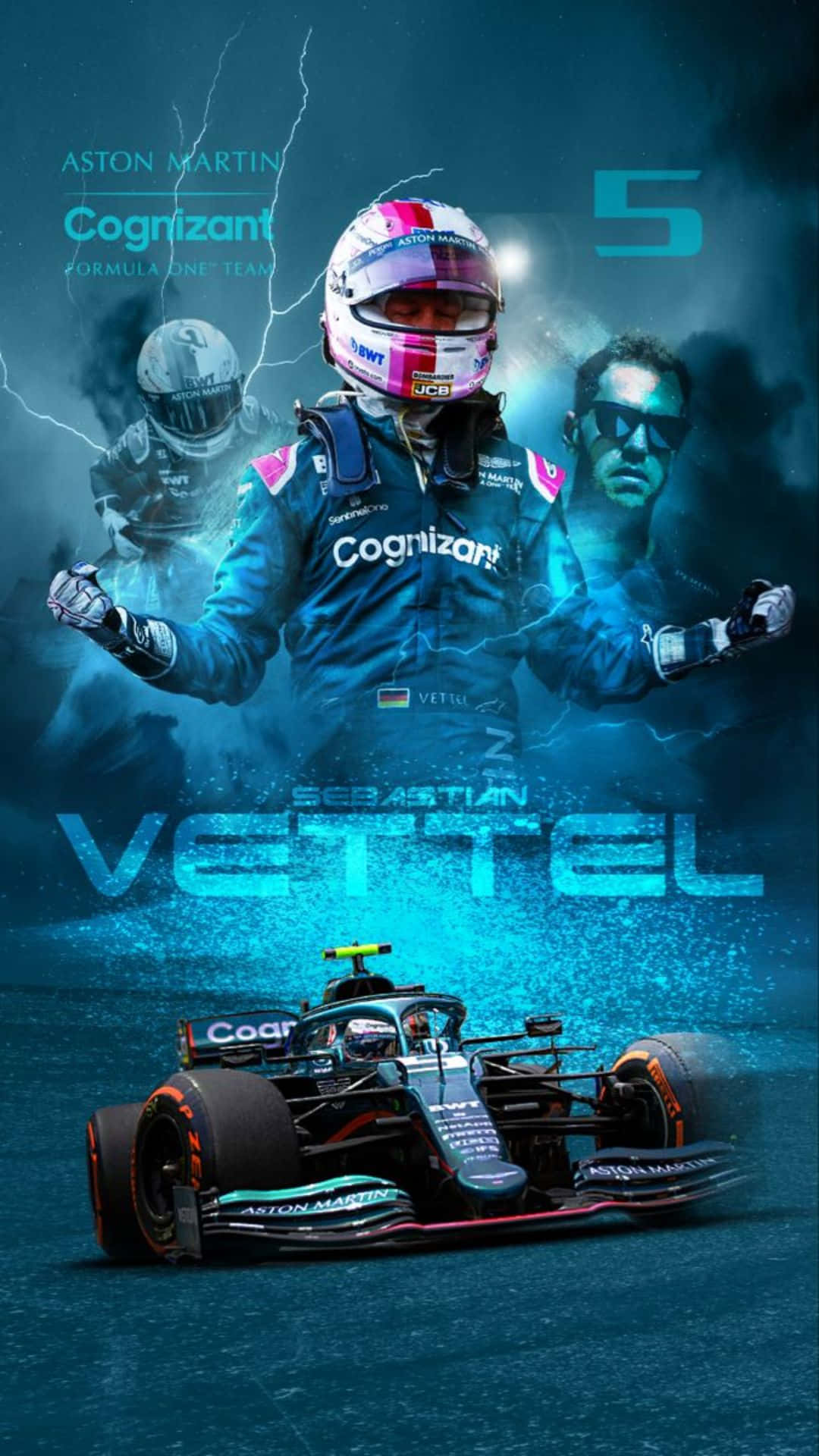 Racing 桌布 壁紙 — 一名穿著賽車裝備的F1車手站在他的Aston Martin Cognizant賽車上方，背景是暴風雨的藍色天空，伴有閃電和鬼影。