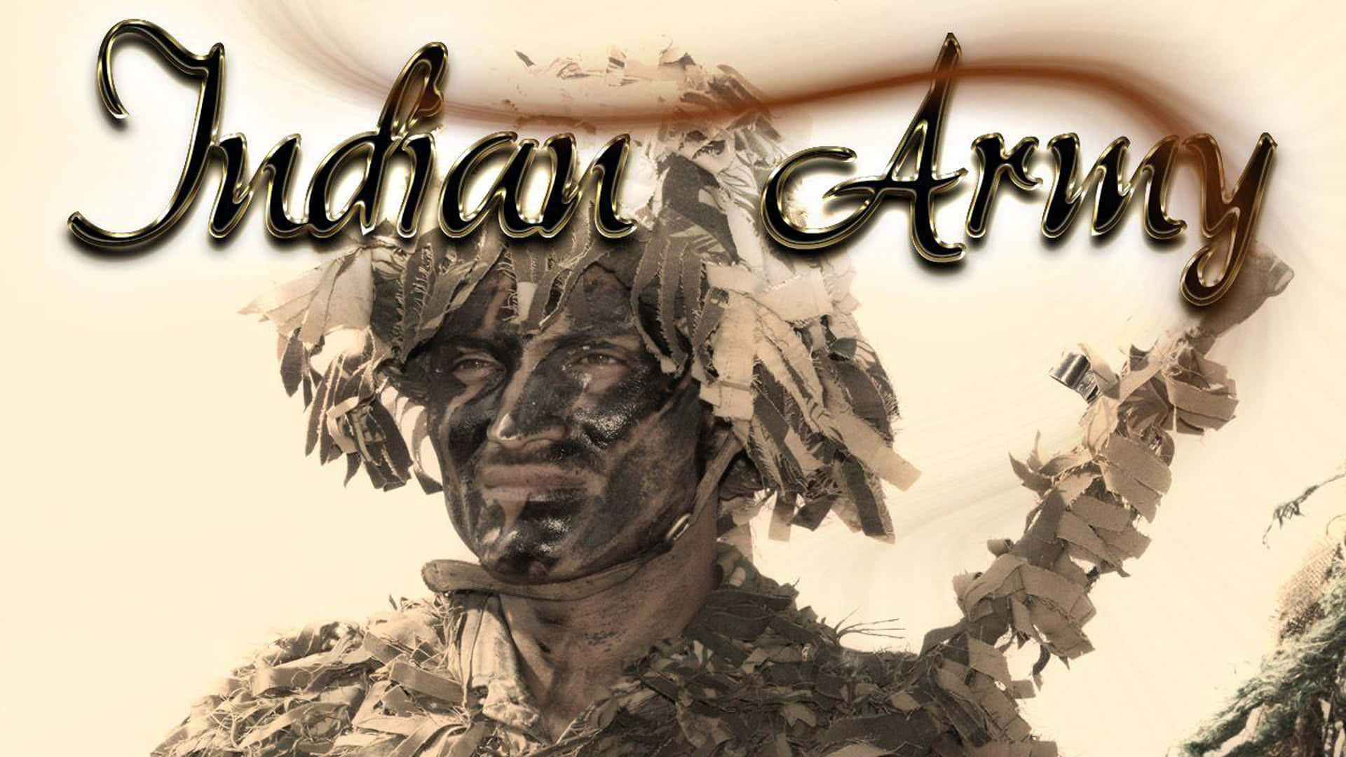 穿著迷彩裝備的印度陸軍士兵肖像，帶有金色文字疊加。 — 印度軍隊 壁紙