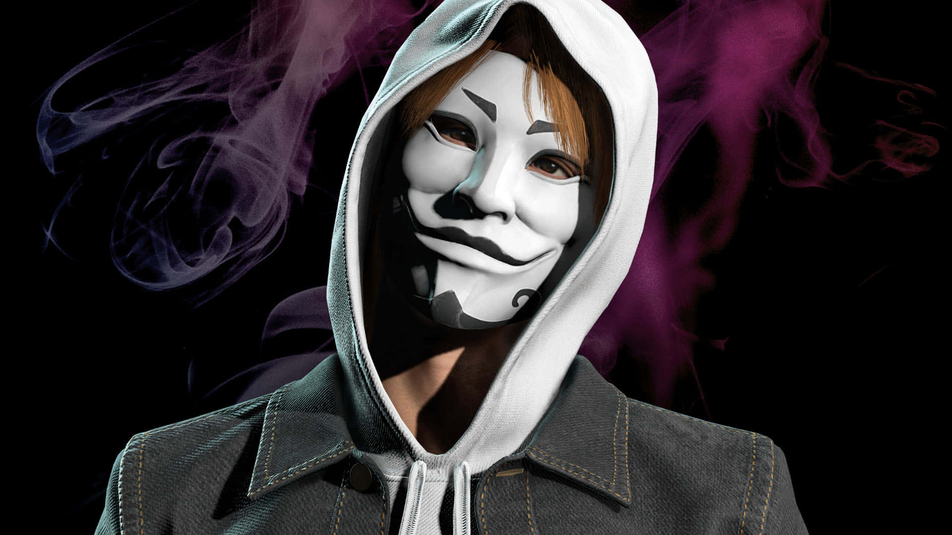 Mask 桌布 壁紙 — 一名穿著連帽衫的人戴著白色蓋伊·福克斯面具，背後有紫色和藍色的煙霧在黑色背景上旋轉。