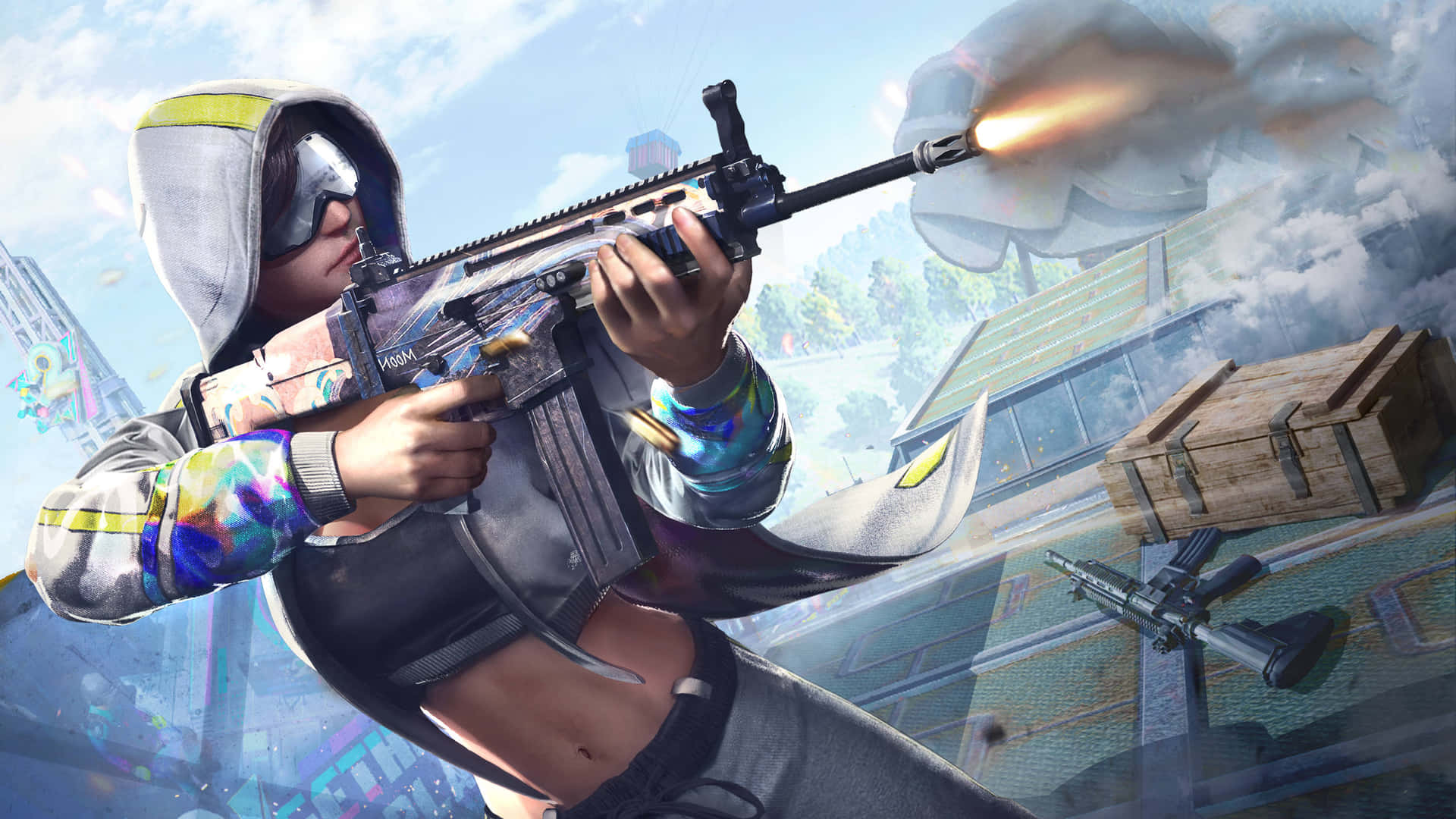pubg 4K gaming 桌布 壁紙 — 一名穿著連帽衫的玩家在充滿煙霧和漂浮武器的城市混亂中發射發光的步槍。