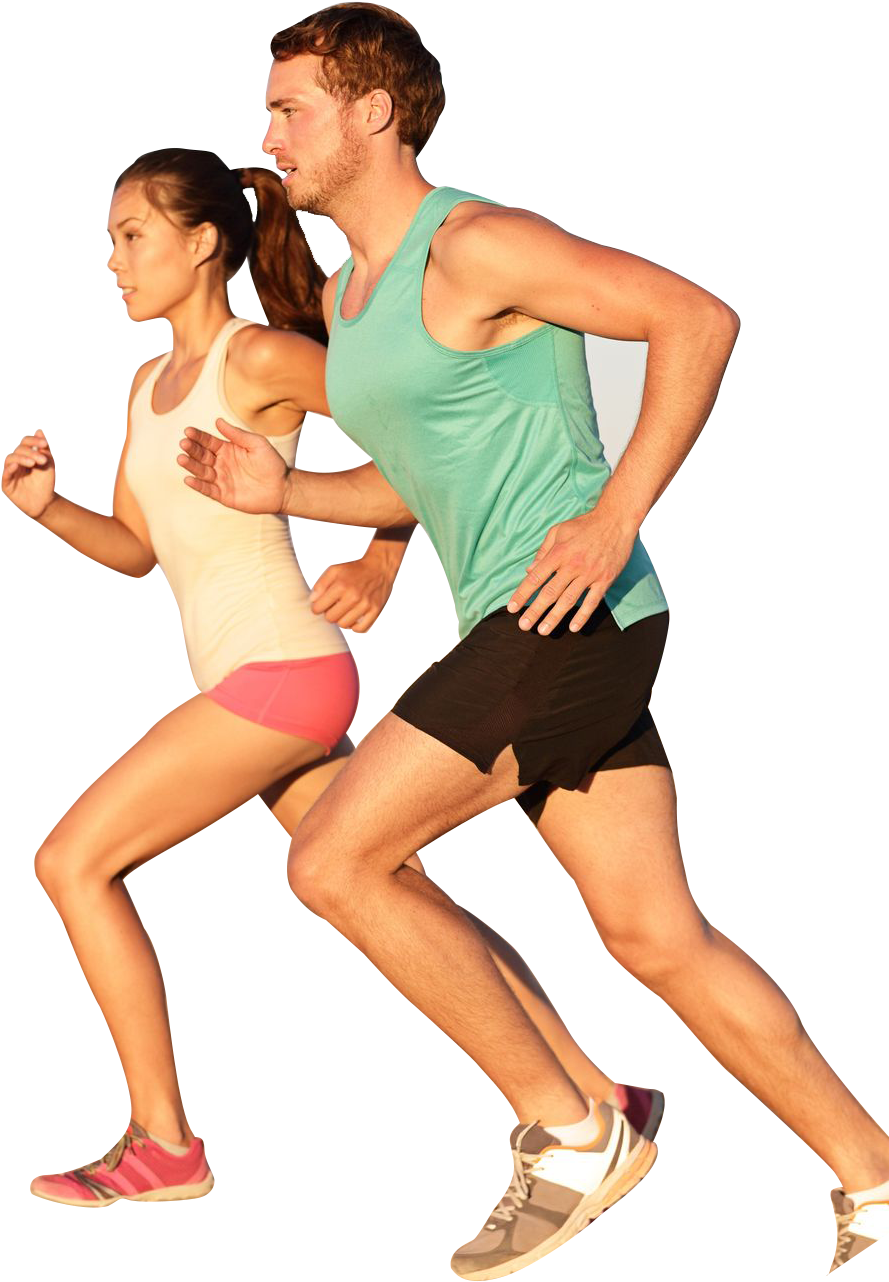 Running 桌布 壁紙 — 一名穿著運動服的男子和女子在鮮明的黑色背景下並肩衝刺。