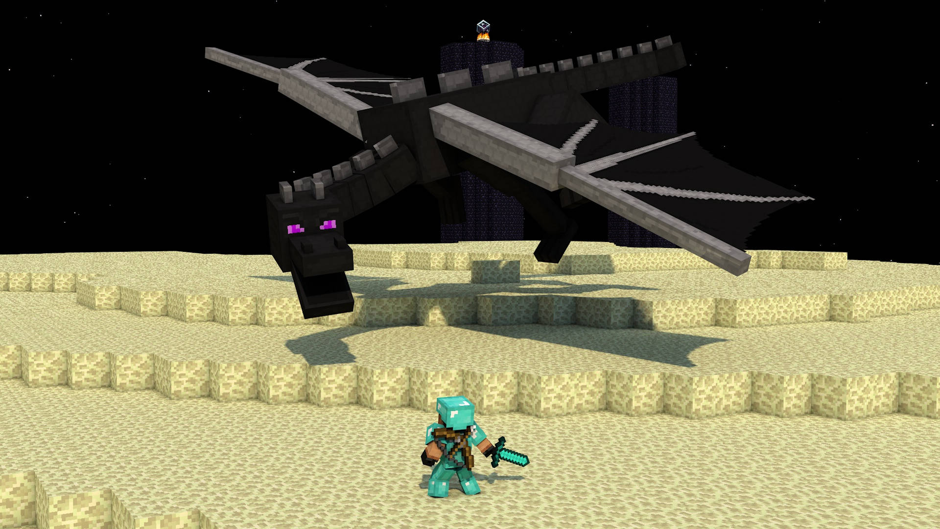 最佳我的世界 桌布 壁紙 — 一名穿著鑽石盔甲的Minecraft玩家在夜晚的沙質沙漠中面對一隻擁有發光紫色眼睛的巨大黑龍。