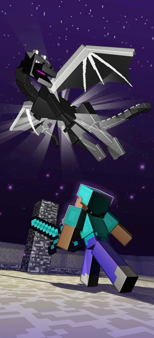 Minecraft Characters 桌布 壁紙 — 一名穿著鑽石盔甲的Minecraft玩家站在一隻擁有發光紫色眼睛的威脅性黑龍面前，背景是星空夜空。
