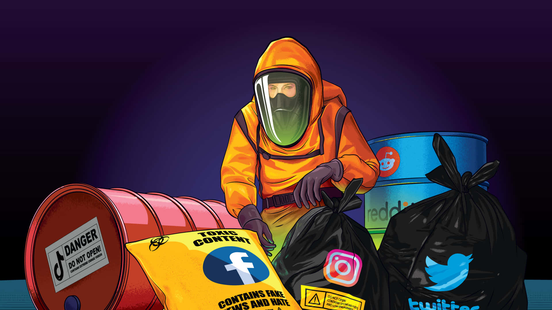 Social Media Icons 桌布 壁紙 — 一名穿著防護服的人物正在處理標有標籤的桶和袋中的有毒社交媒體廢物。