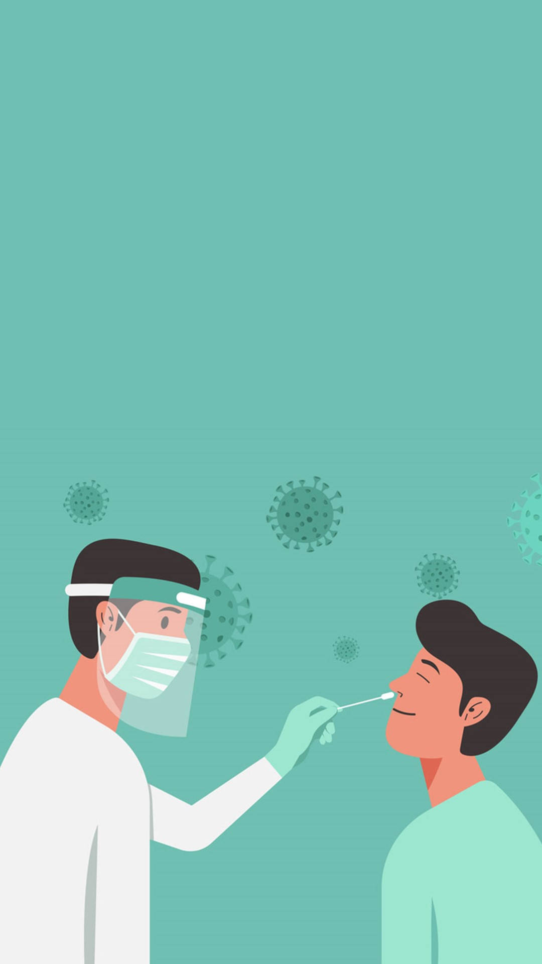 vector 桌布 壁紙 — 一名穿著防護裝備的醫護人員正在為病人進行鼻腔拭子測試，背景為青綠色，並有漂浮的病毒顆粒。